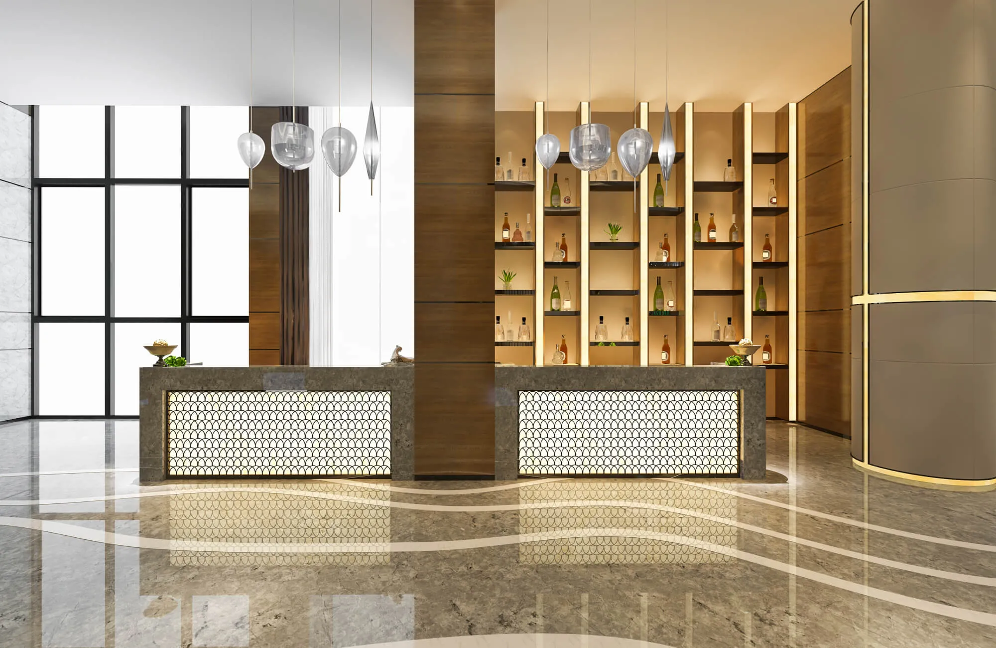 Modern lobby with polished marble flooring, wood accents, and backlit reception desk showcasing reflective surface and luxury design.
