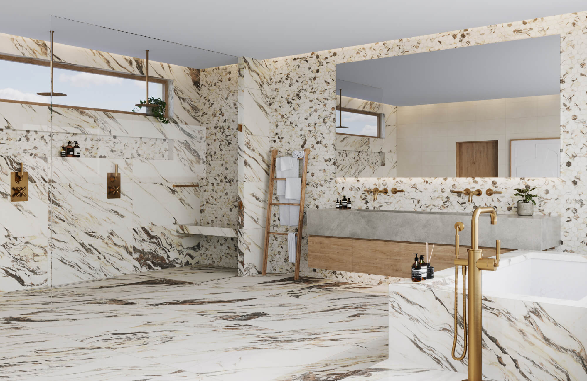 null Luxury bathroom with marble walls and floors, showcasing high moisture exposure environment and design versatility of stone surfaces.