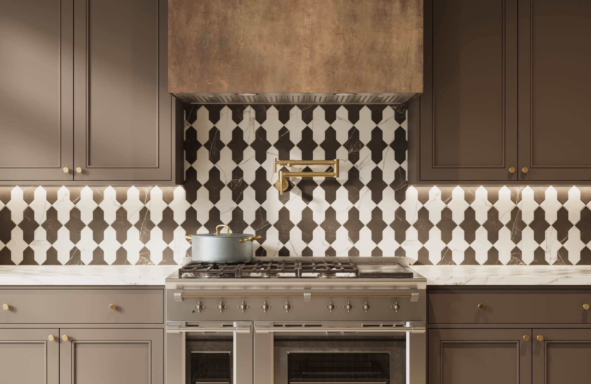 null Kitchen with patterned marble-look tile backsplash and warm cabinetry, demonstrating decorative application beyond flooring surfaces.