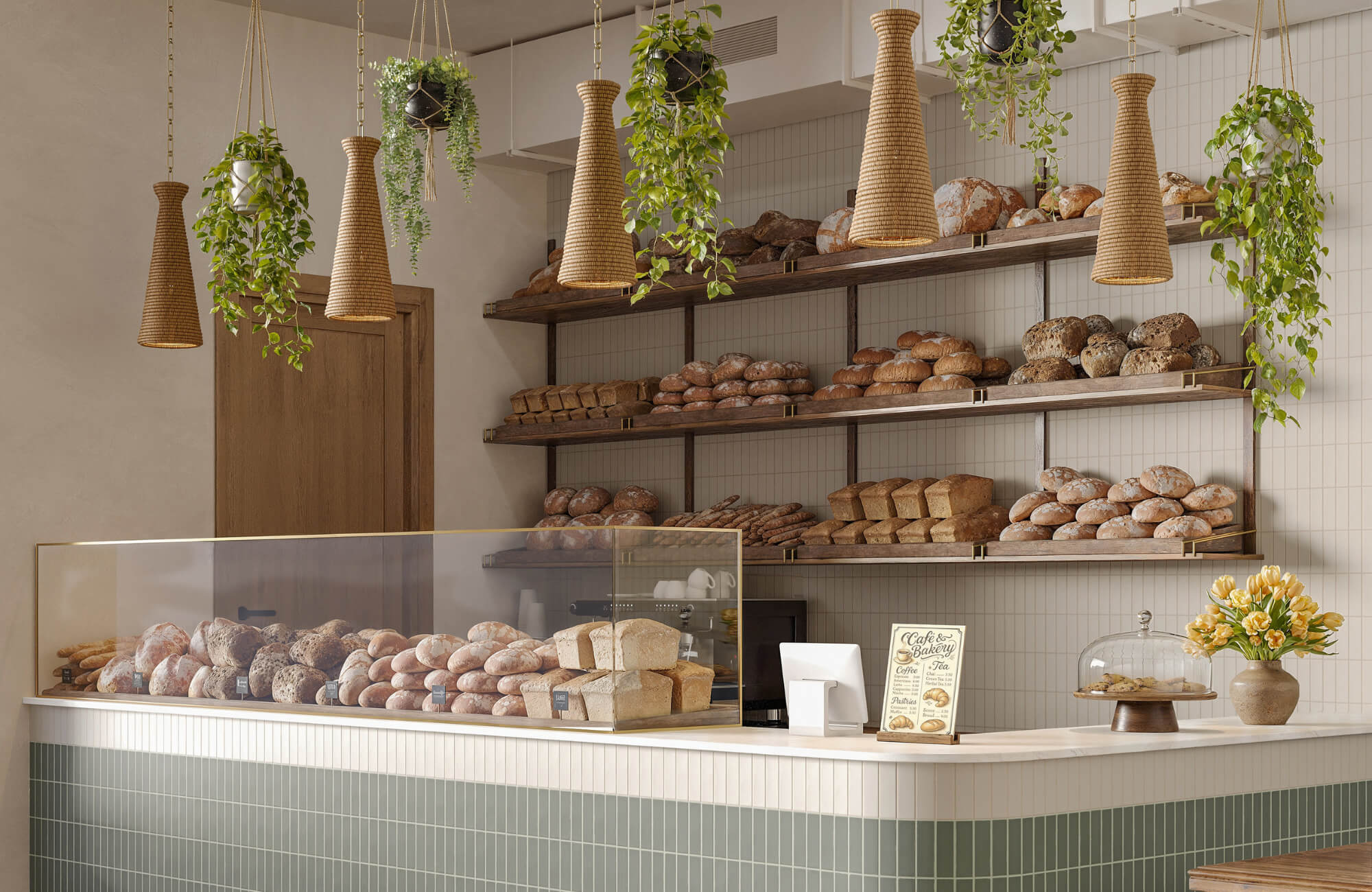 null Modern bakery interior with rattan pendant lights, hanging greenery, and shelves stacked with artisan bread behind a tiled counter display.