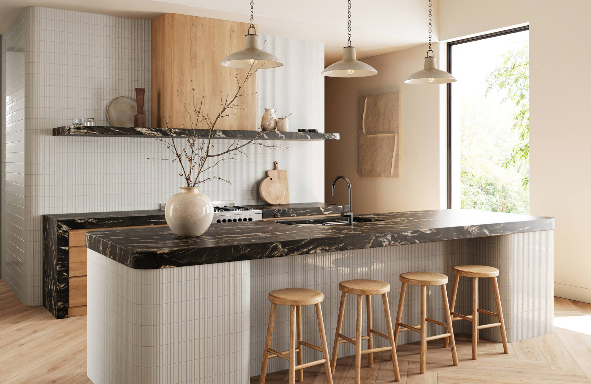 null Modern kitchen with a black marble island, wood accents, minimalist pendant lights, and natural light streaming through a large window.