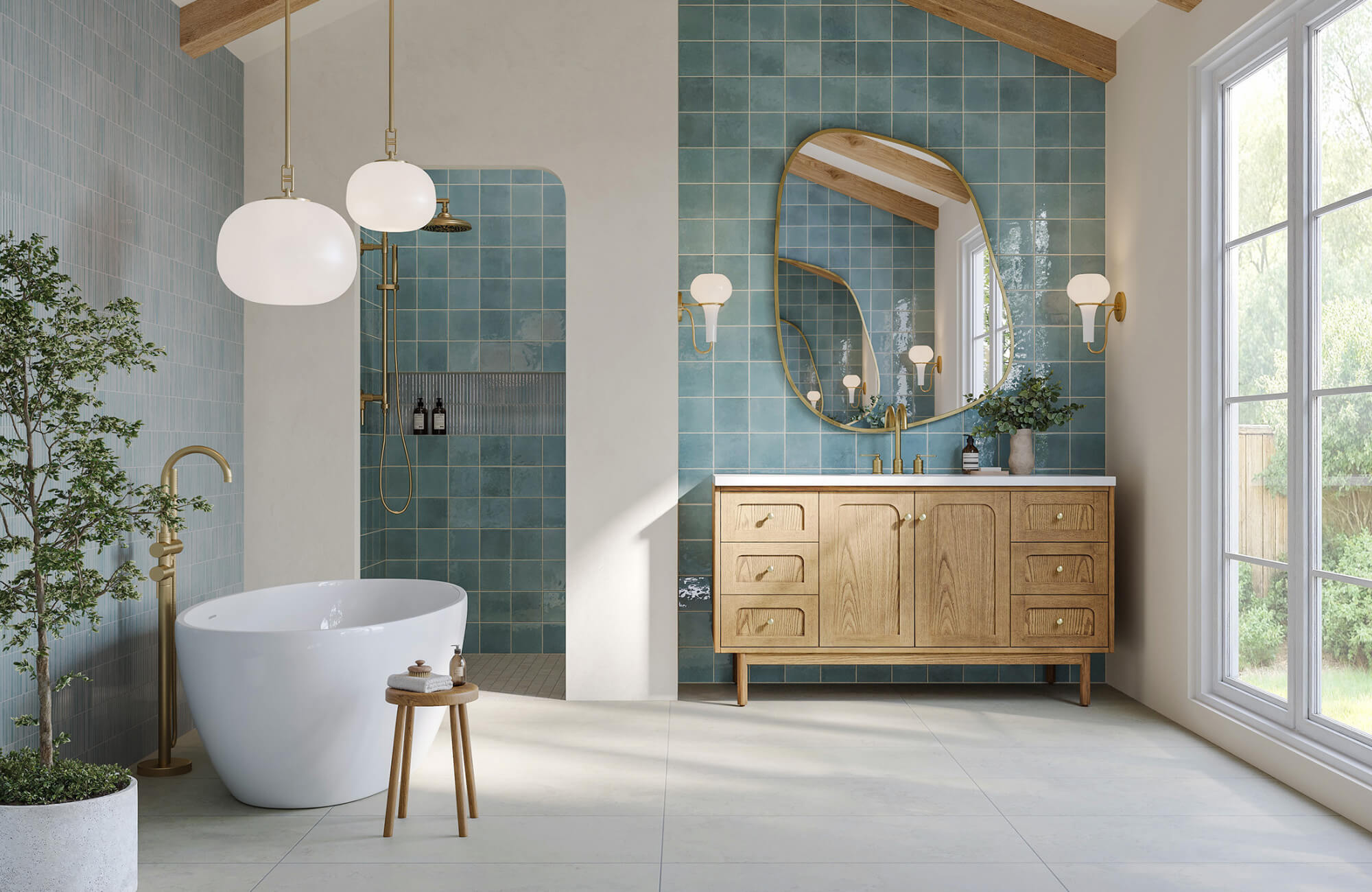 null Modern bathroom with globe pendant lights, brass fixtures, wood vanity, and blue tile walls, featuring a soaking tub and walk-in shower.