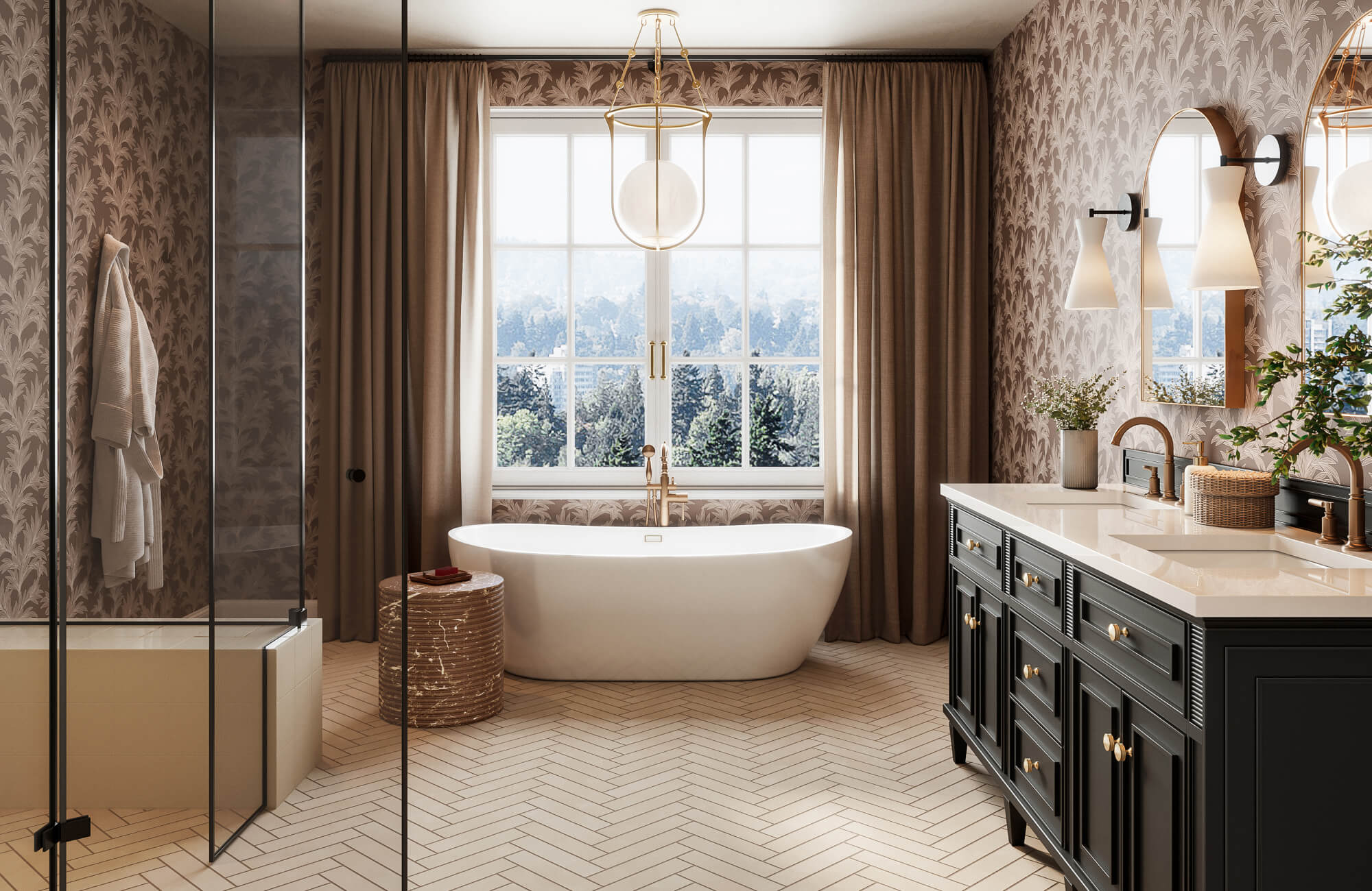 Contemporary bathroom with freestanding tub, herringbone subwaytile floor, leafy wallpaper, glass shower, twin arched mirror with sconces, pendant lights, and black vanity.