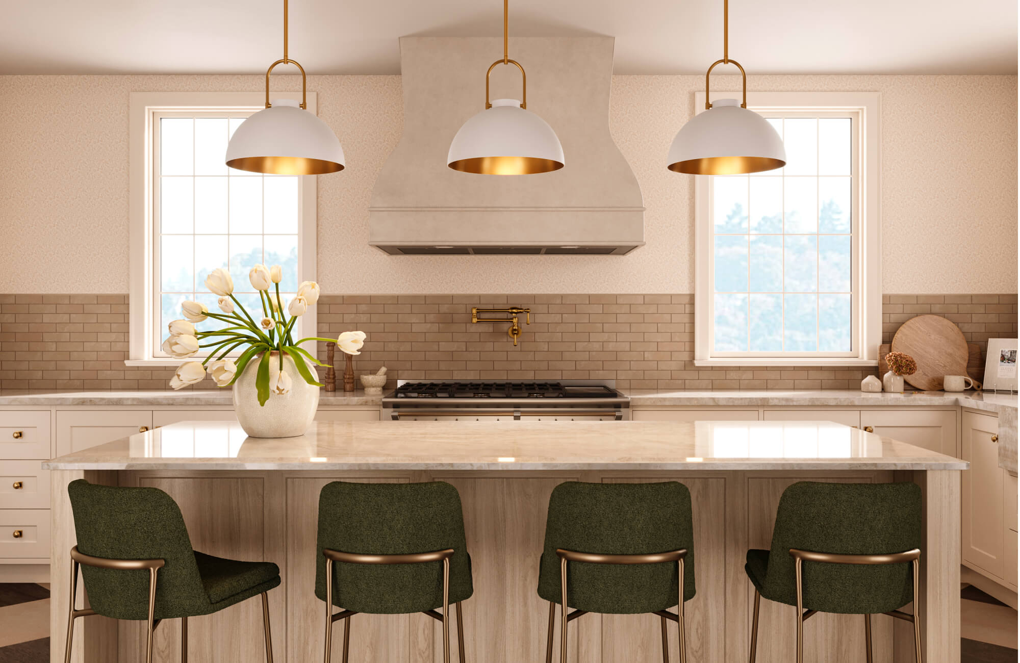 Contemporary kitchen with marble island, neutral wallpaper, brass pendant lights, beige subway tile backsplash, and green upholstered bar stools.