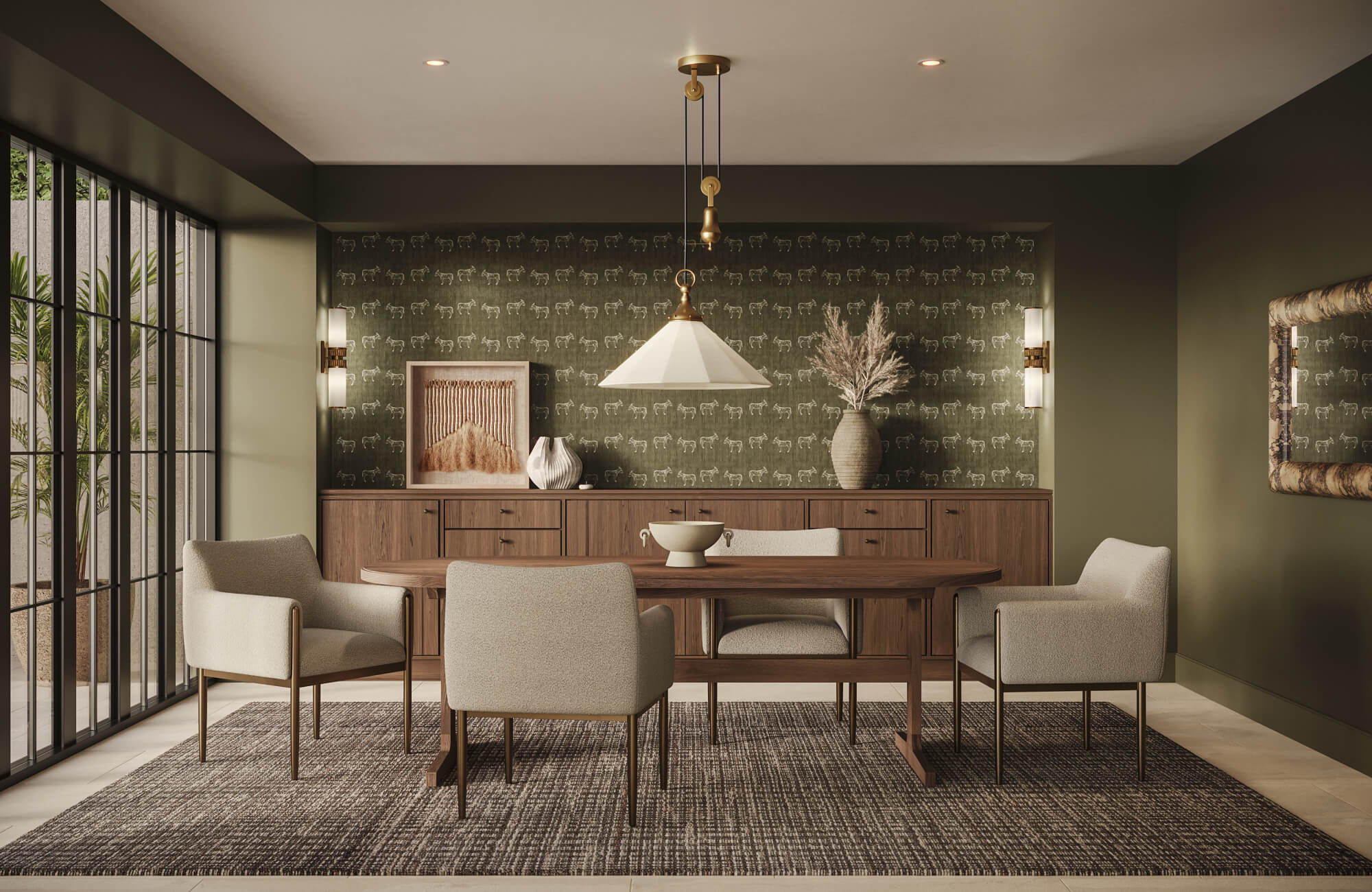 Modern dining room with wood table, upholstered chairs, green patterned wallpaper, wall art, sconces, and brass pendant lighting.