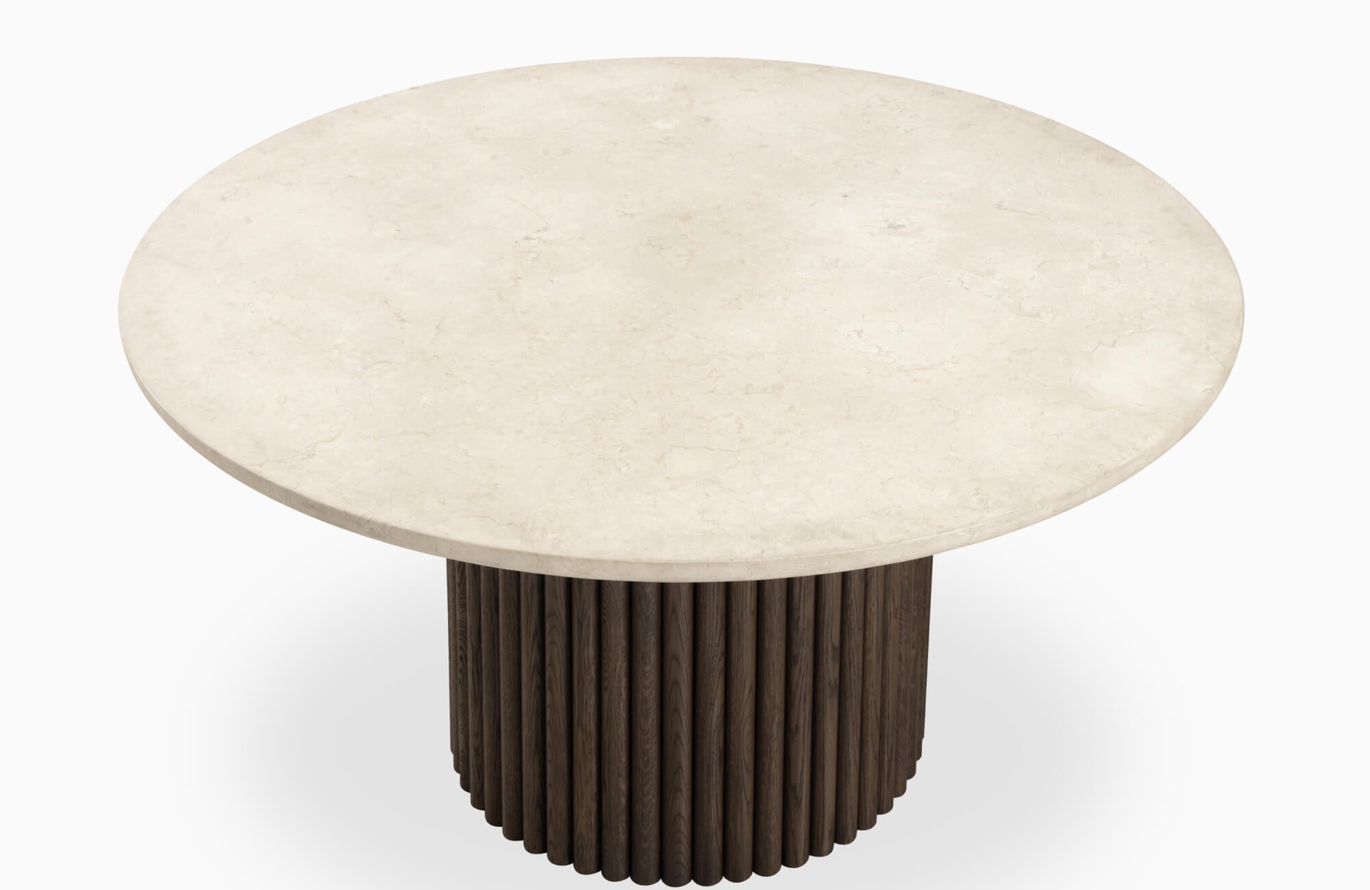 null Round dining table with a creamy marble top and a sculptural dark wood fluted base, blending elegance and modern design.