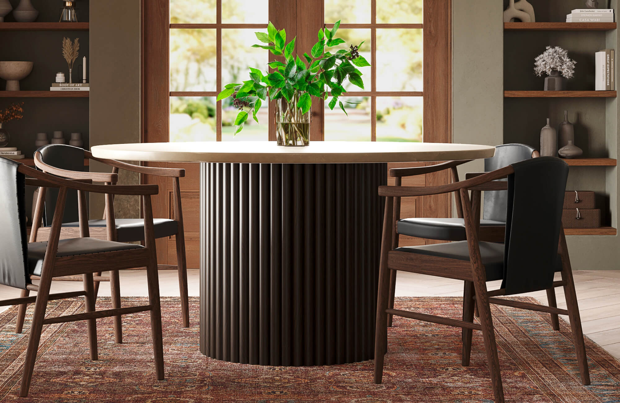 null Contemporary dining area featuring a round table with a marble top and fluted dark wood base, paired with sleek wood chairs.