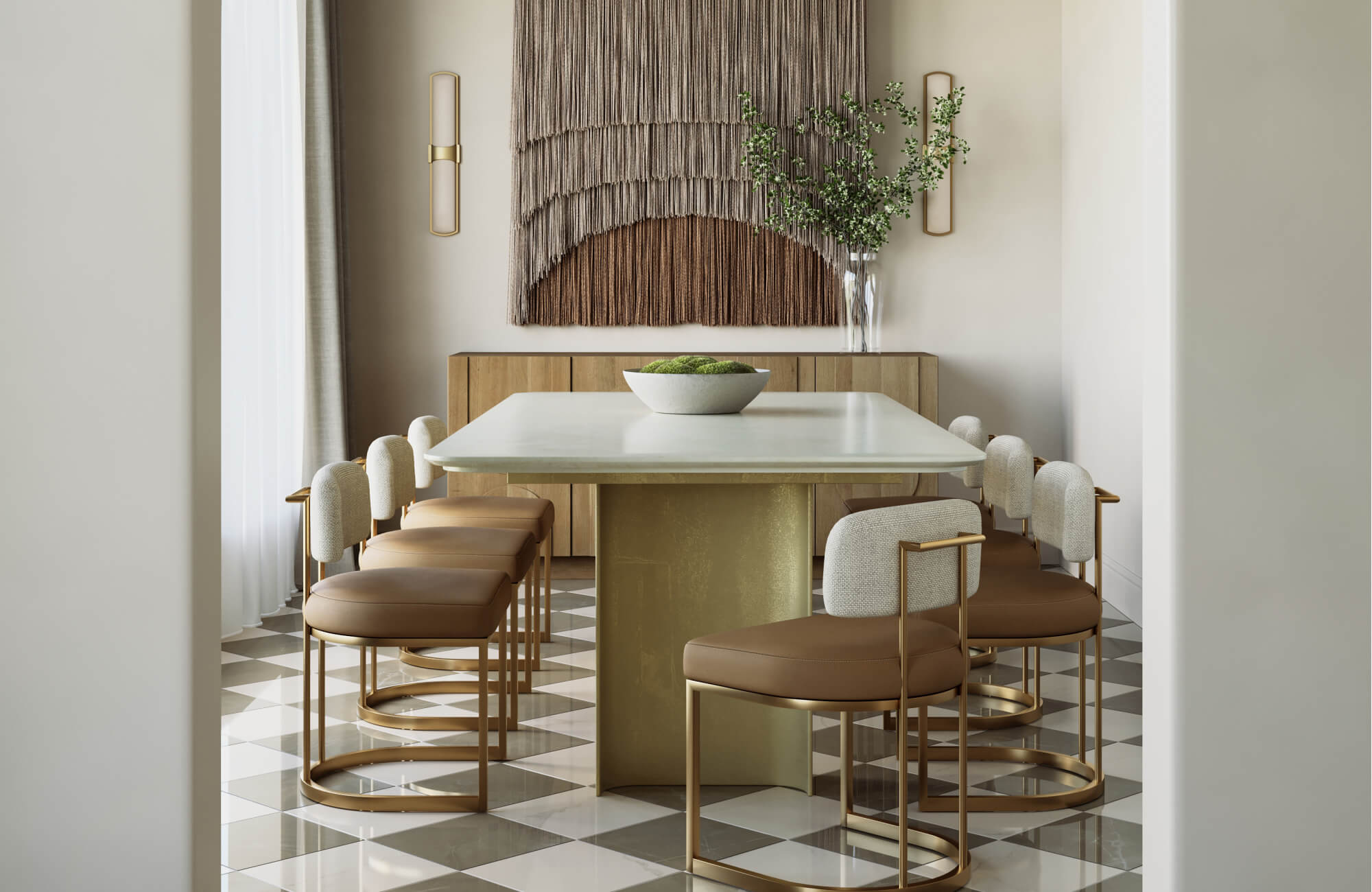 null Elegant dining room with a glossy marble top table, gold pedestal base, boucle and leather chairs, and checkered tile flooring.