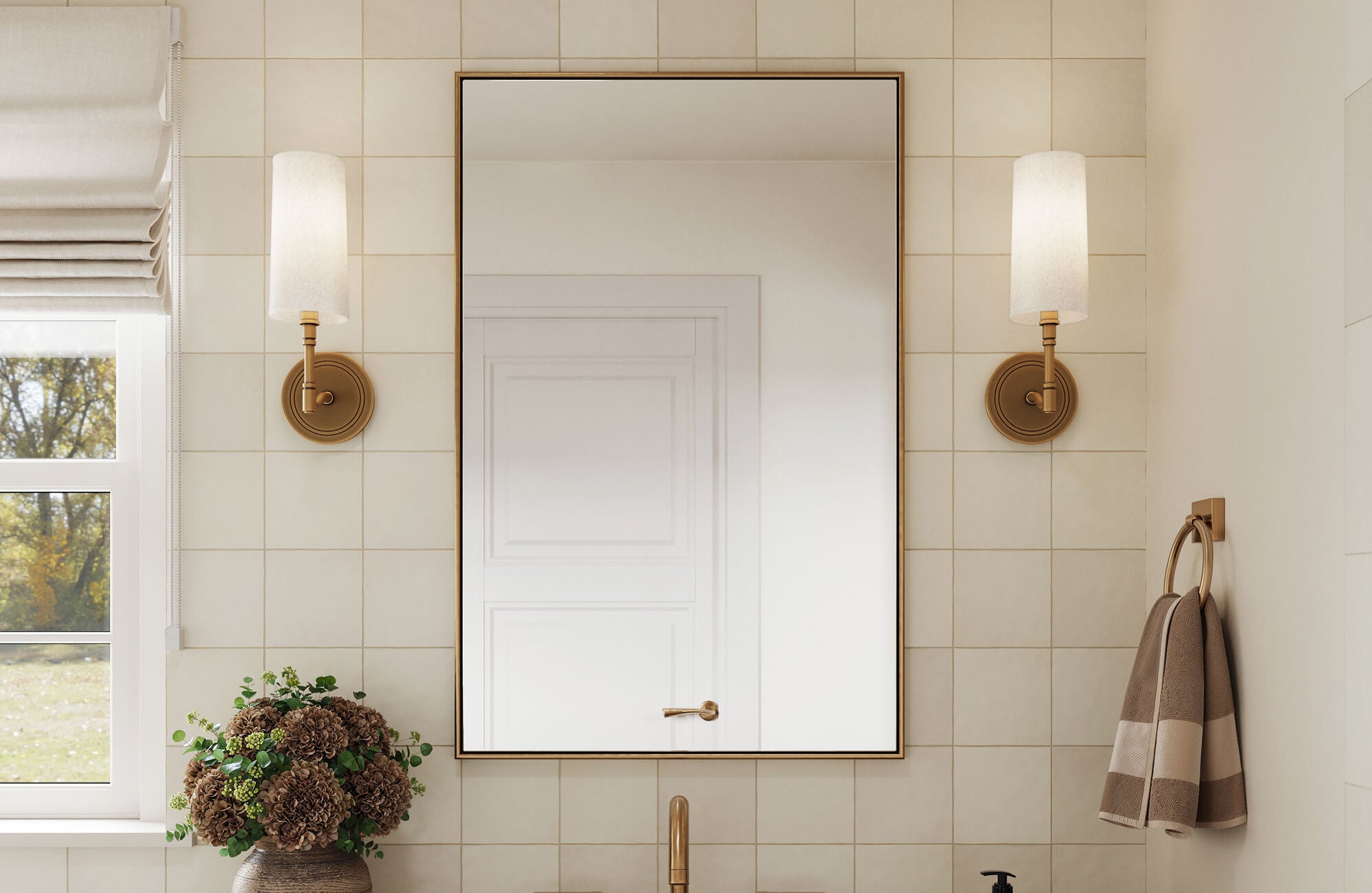 null Matte square cream tiles bring subtle warmth and texture to this elegant, light-filled bathroom setting.