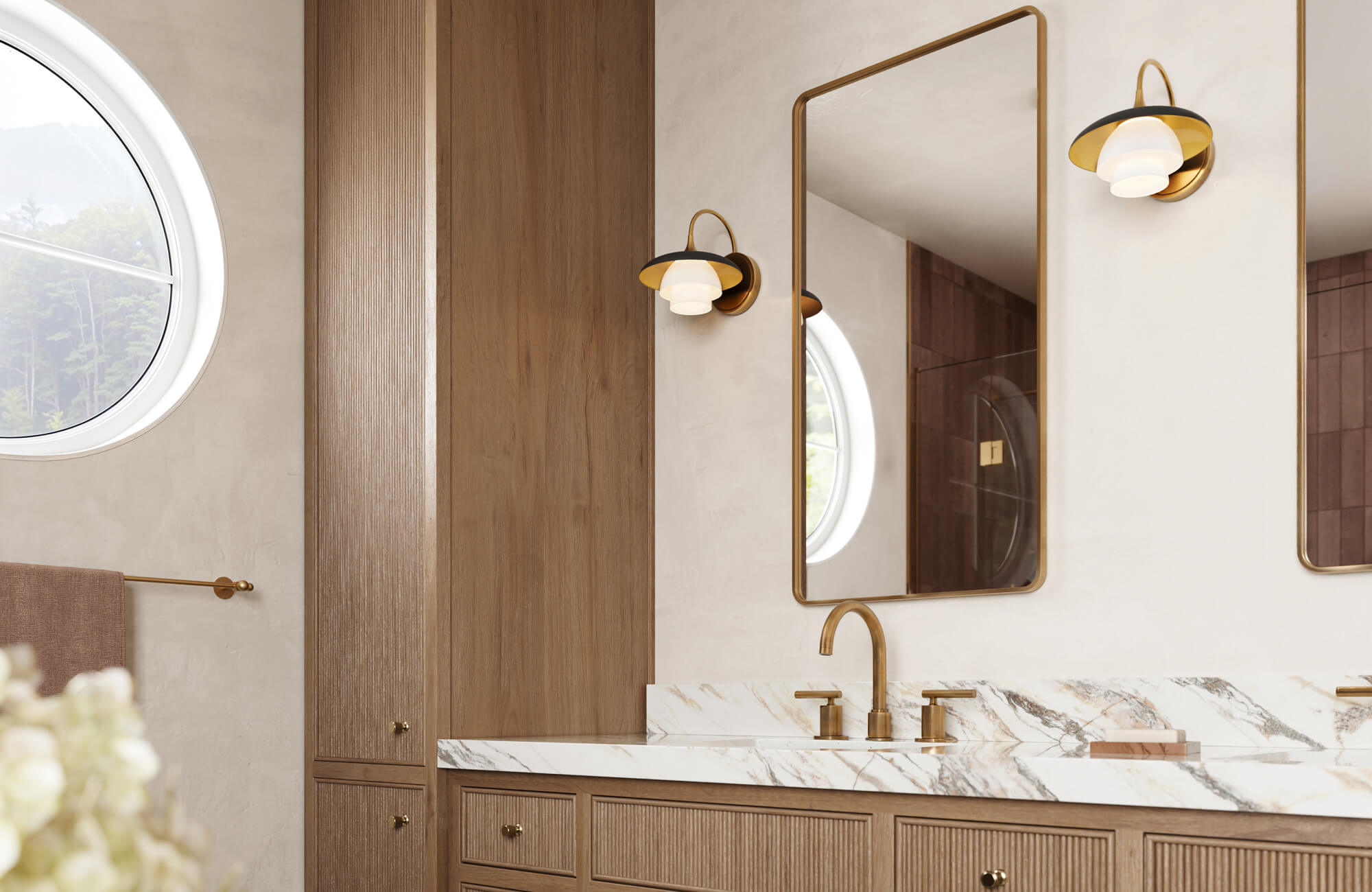 null Soft beige plaster walls offer a serene, minimalist backdrop that complements the warm wood cabinetry and marble vanity.