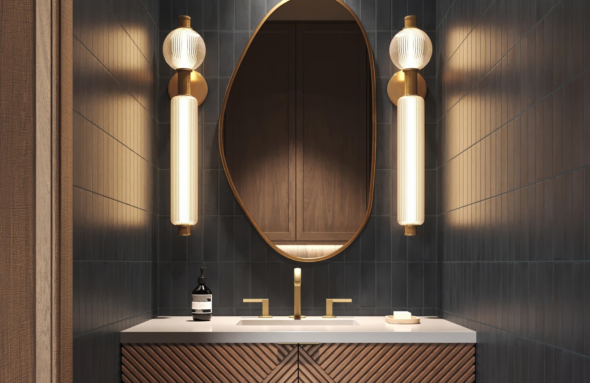 null Matte charcoal vertical tiles add dramatic depth and contrast to this moody, modern powder room design.