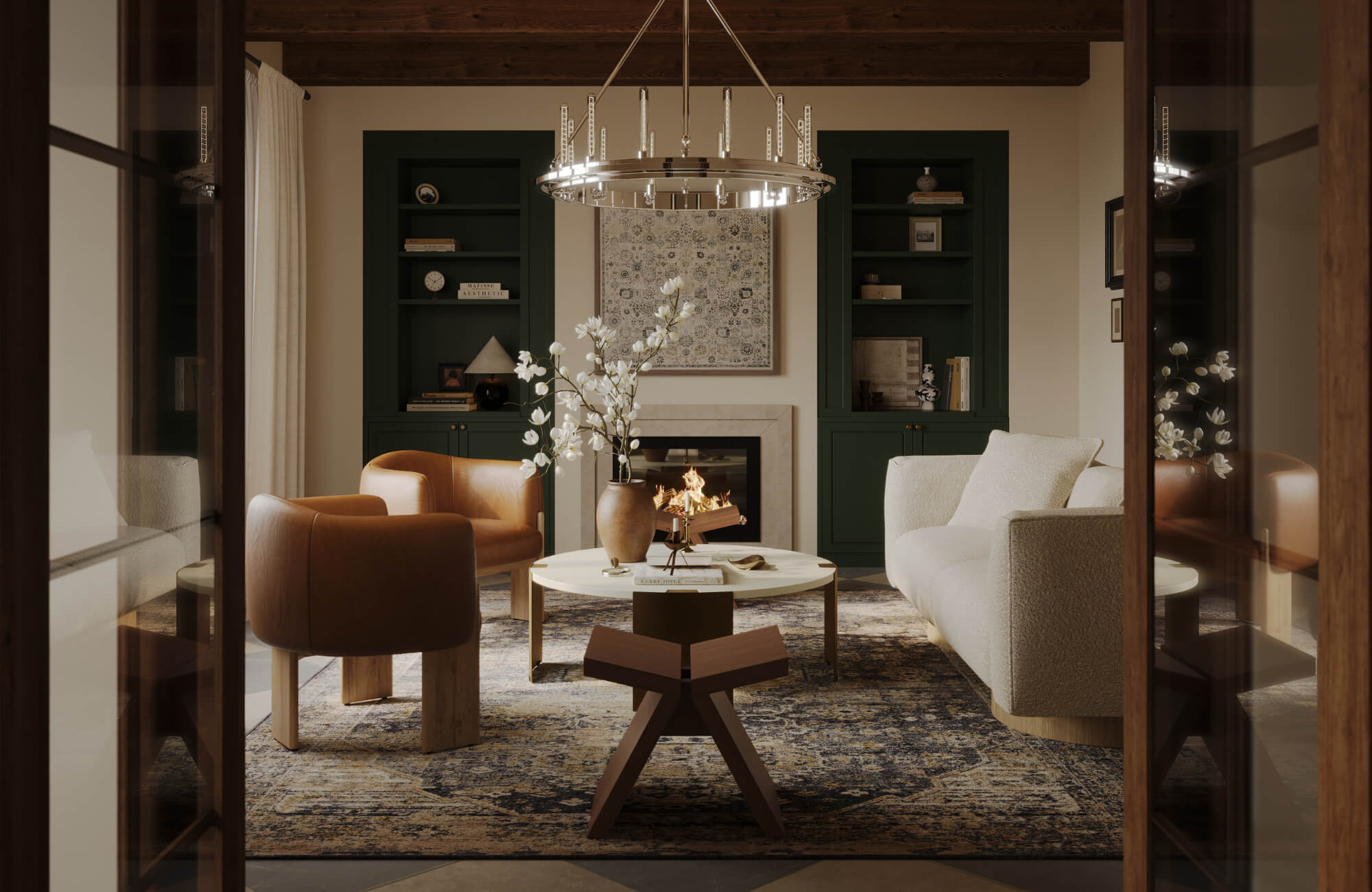 Elegant living room with fireplace, green built-ins, round chandelier, modern chairs, and layered rug creating a balanced focal point.