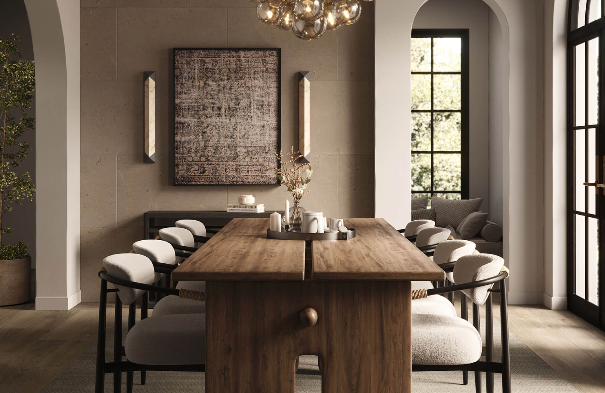 Large, square wall art positioned above a dining table, acting as a focal point that anchors the room and reduces emphasis on its boundaries