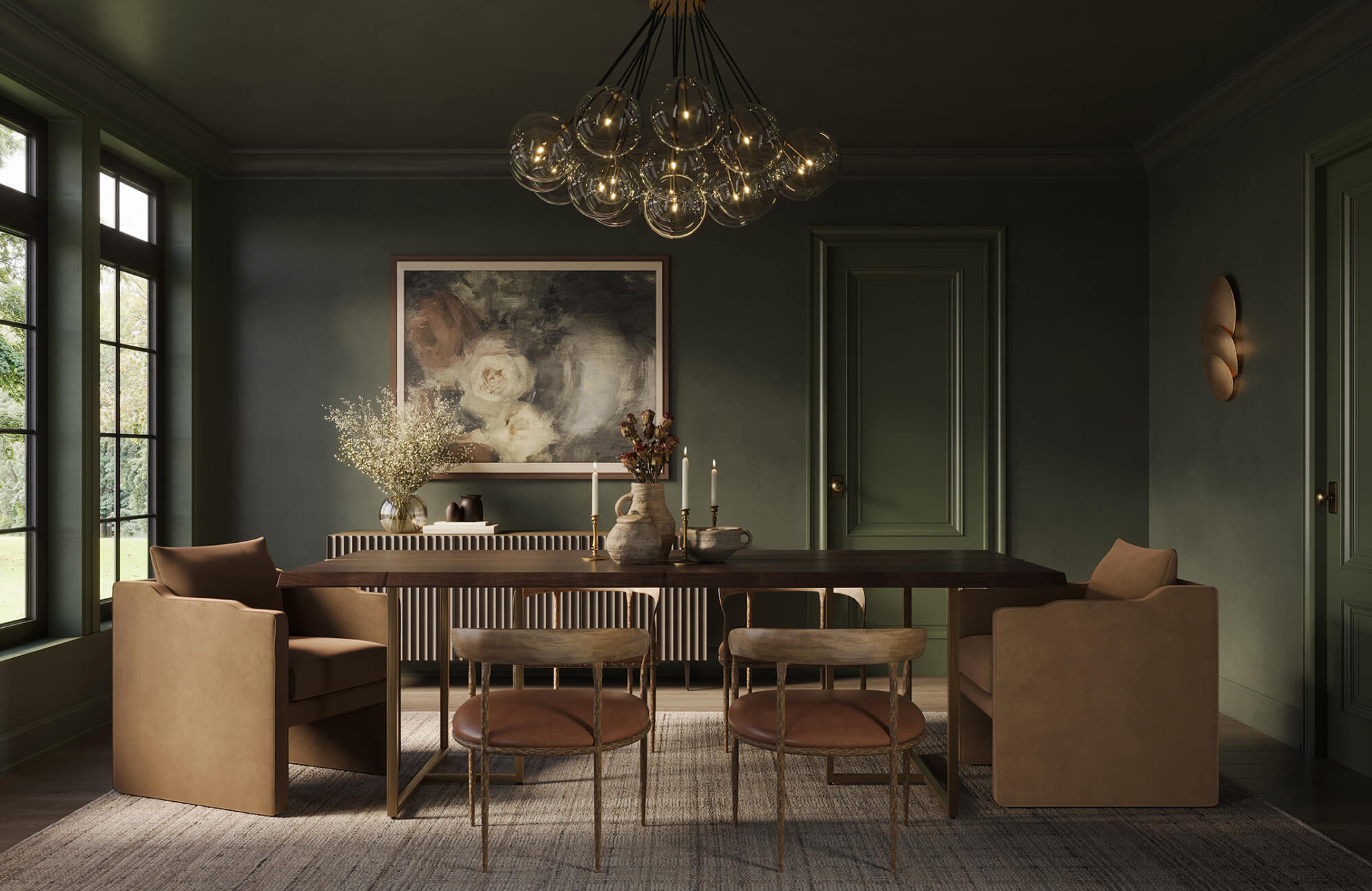Dark-toned wall art in a moody dining space, demonstrating how heavy colors can add visual weight and make the room feel more enclosed