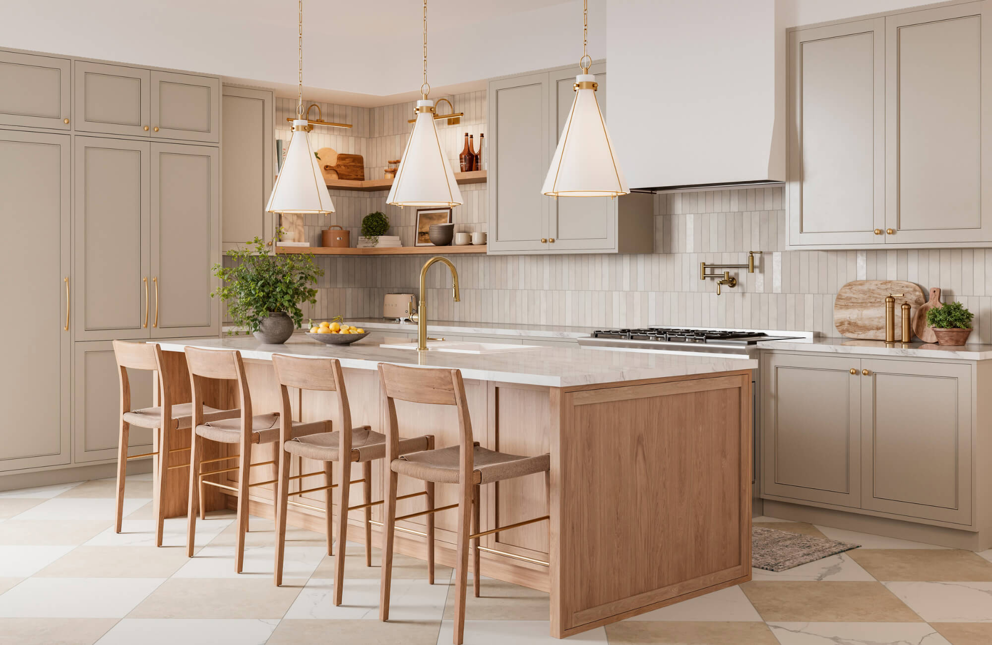 null Neutral kitchen design with Calacatta marble countertops, soft taupe cabinetry, natural wood island, and brushed brass lighting.