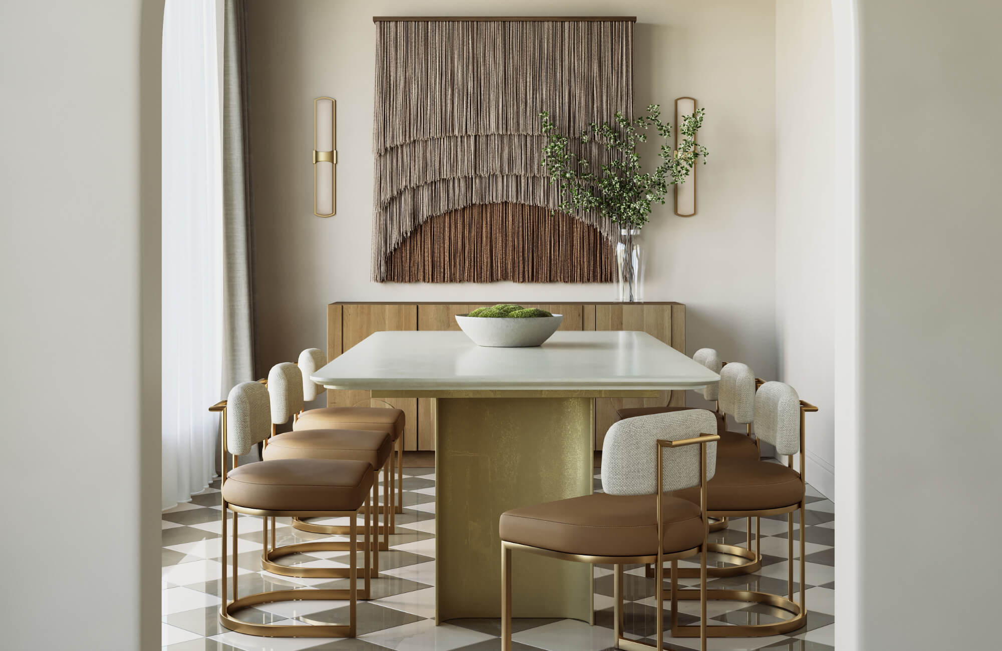 null Sophisticated dining space with marble floor, sculptural brass table base, upholstered chairs, and layered warm metallic accents.