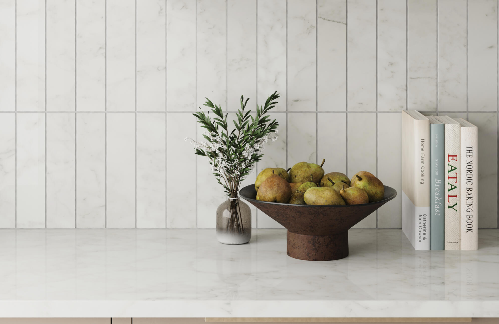 null Vertical marble subway tiles with marble countertop, creating an elegant kitchen backsplash.