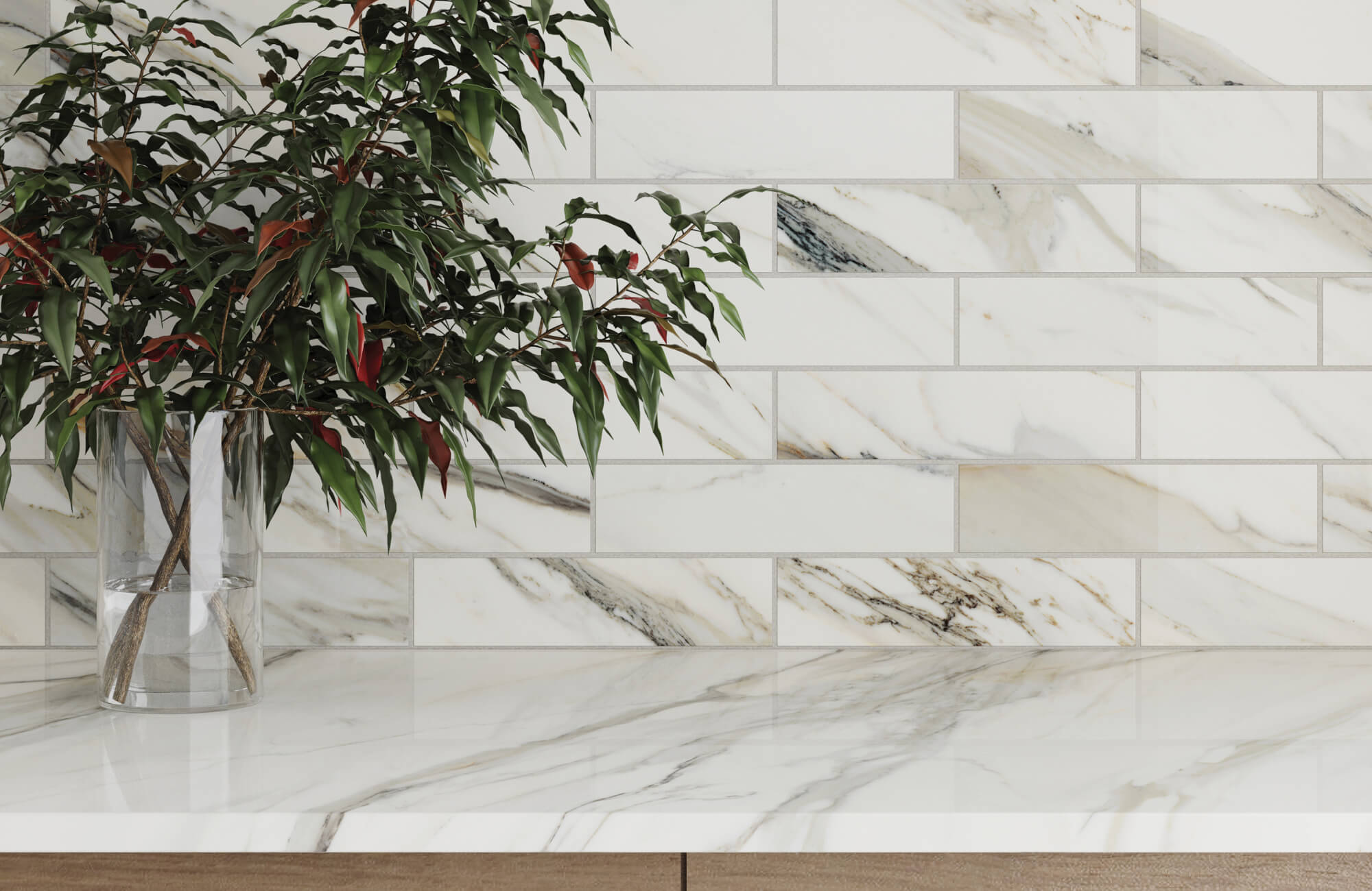 null Glossy marble subway tiles with bold, natural veining and a marble countertop, create a luxurious, sophisticated backsplash.