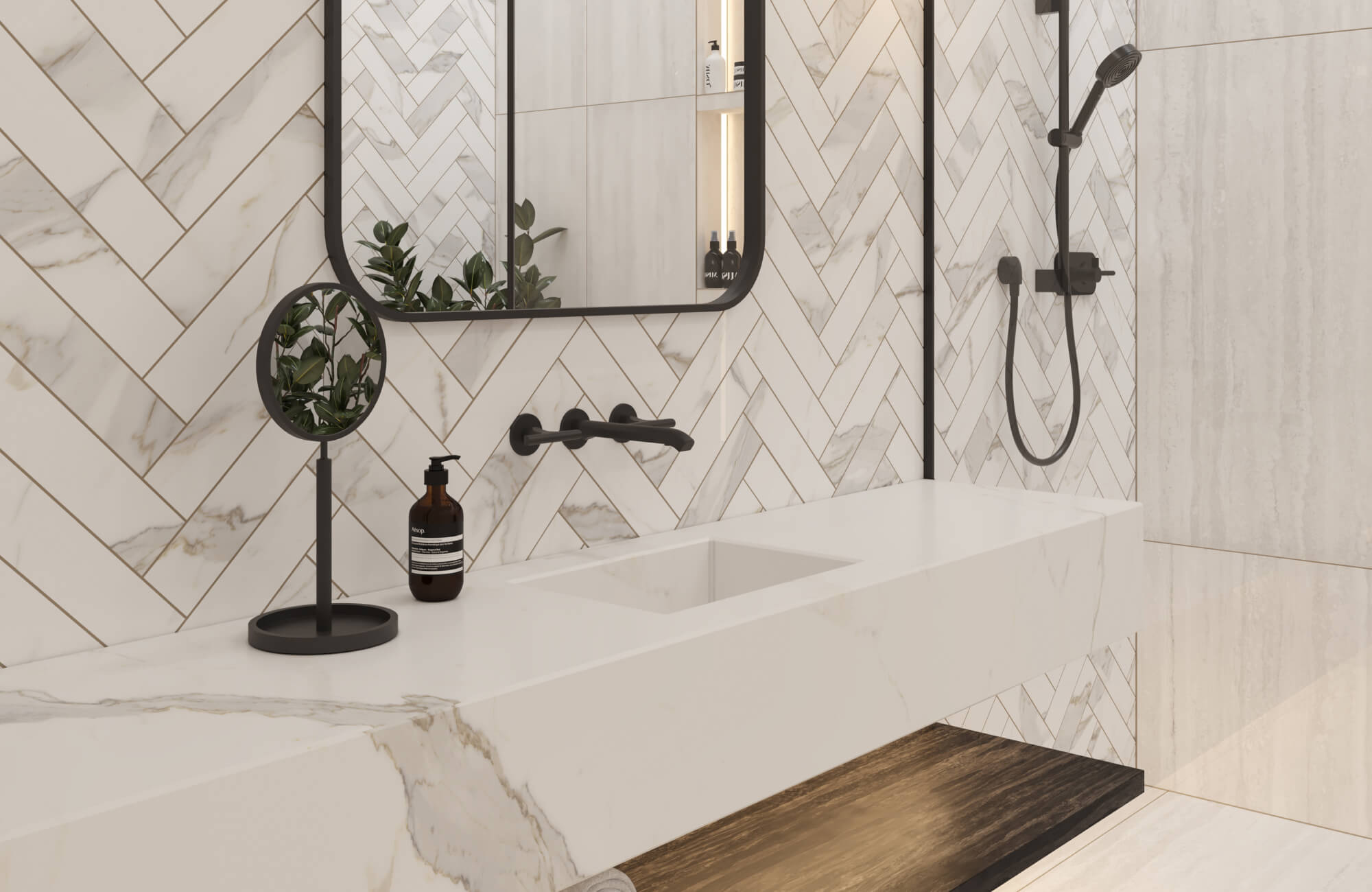 null Elegant marble look subway tiles in a herringbone pattern and a marble sink, add texture and sophistication to this modern bathroom.