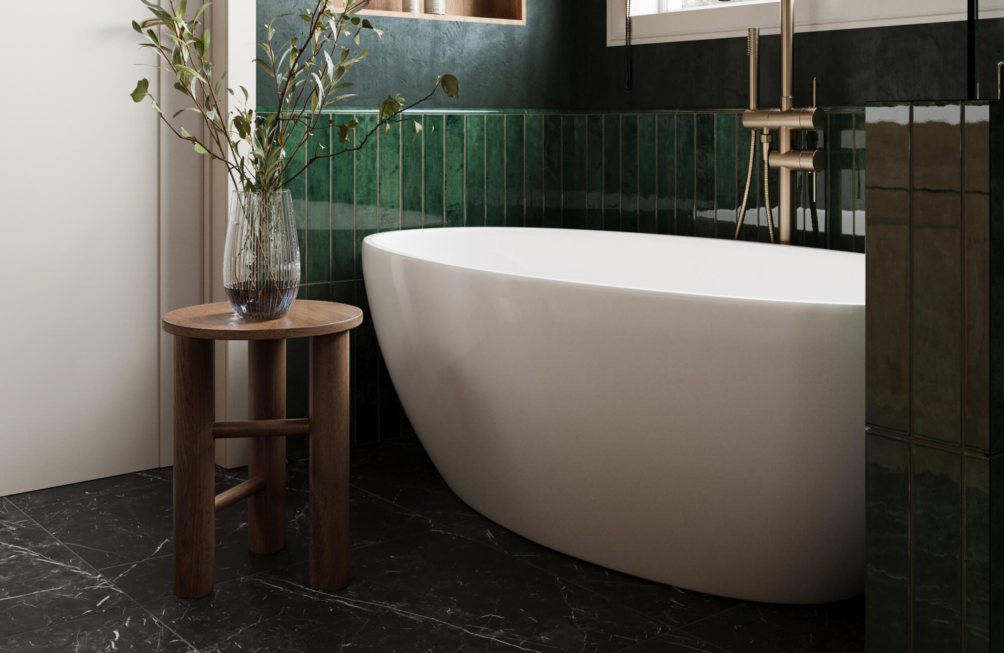 null Luxurious bathroom featuring emerald green subway tiles, a freestanding white tub, and black marble look flooring, complemented by natural wood accents.
