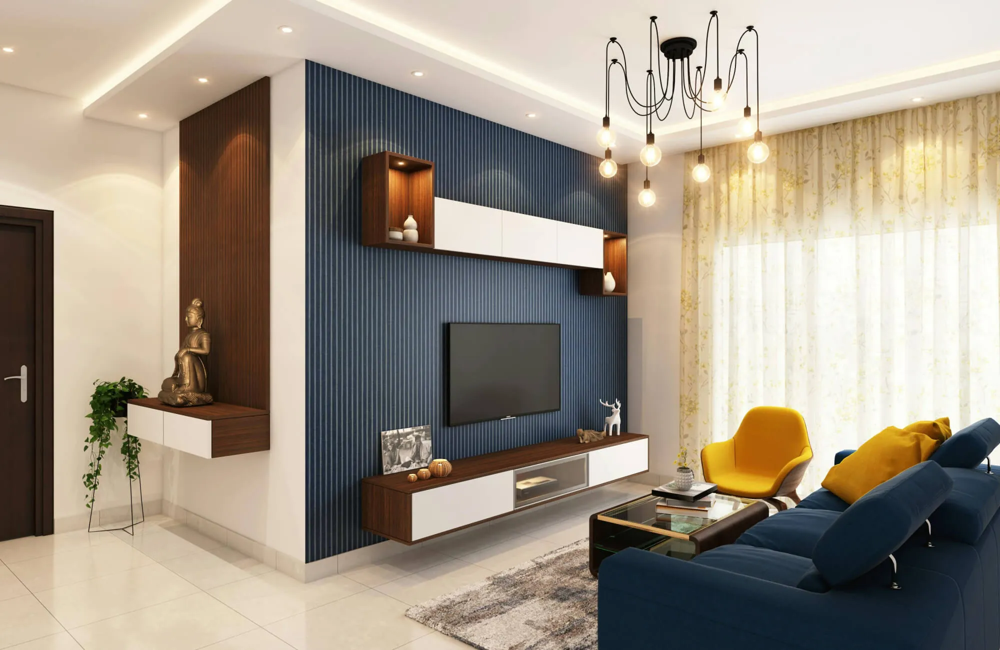 Modern living room with vertical striped accent wall behind TV, showing how stripes add height while keeping the space open and balanced