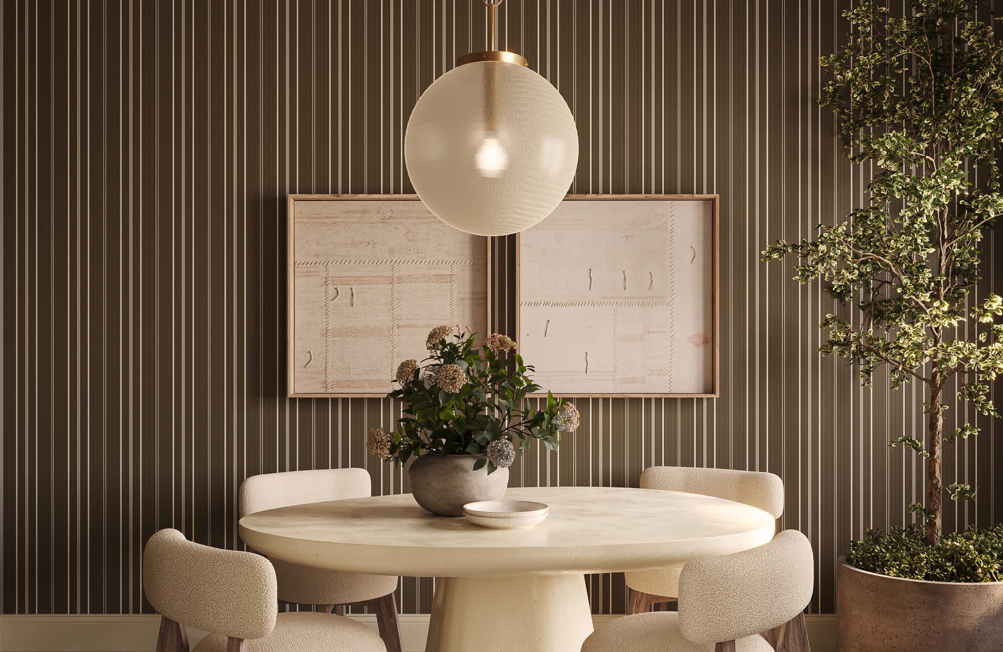 null Dining area with dark vertical striped wallpaper, showing how a stronger contrast can define walls and make the space feel more structured