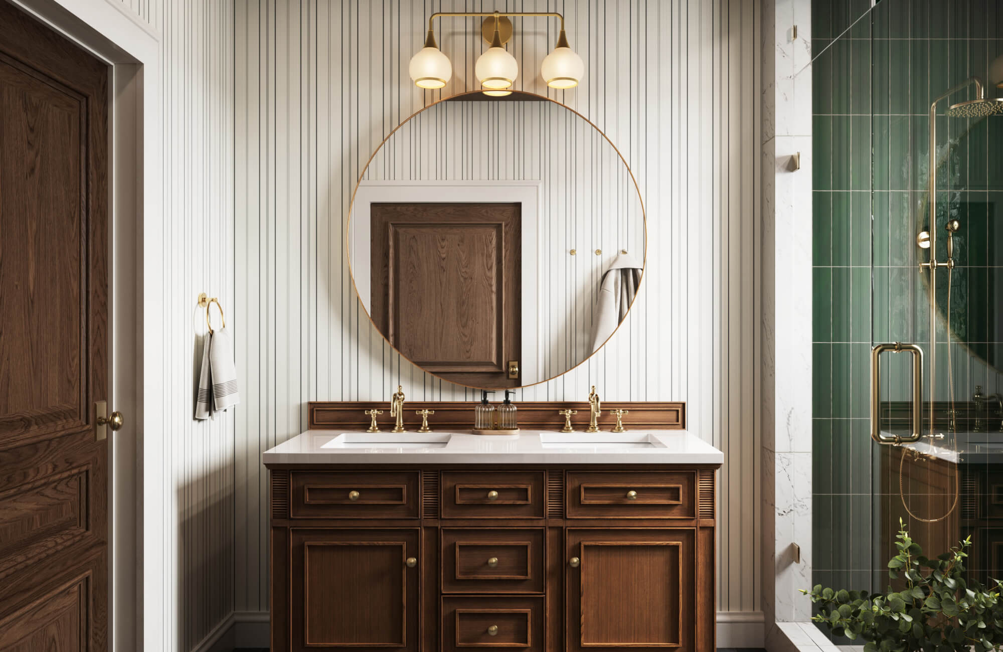 null Bathroom with vertical striped walls and warm lighting, demonstrating how light can soften or emphasize stripes and affect perceived space