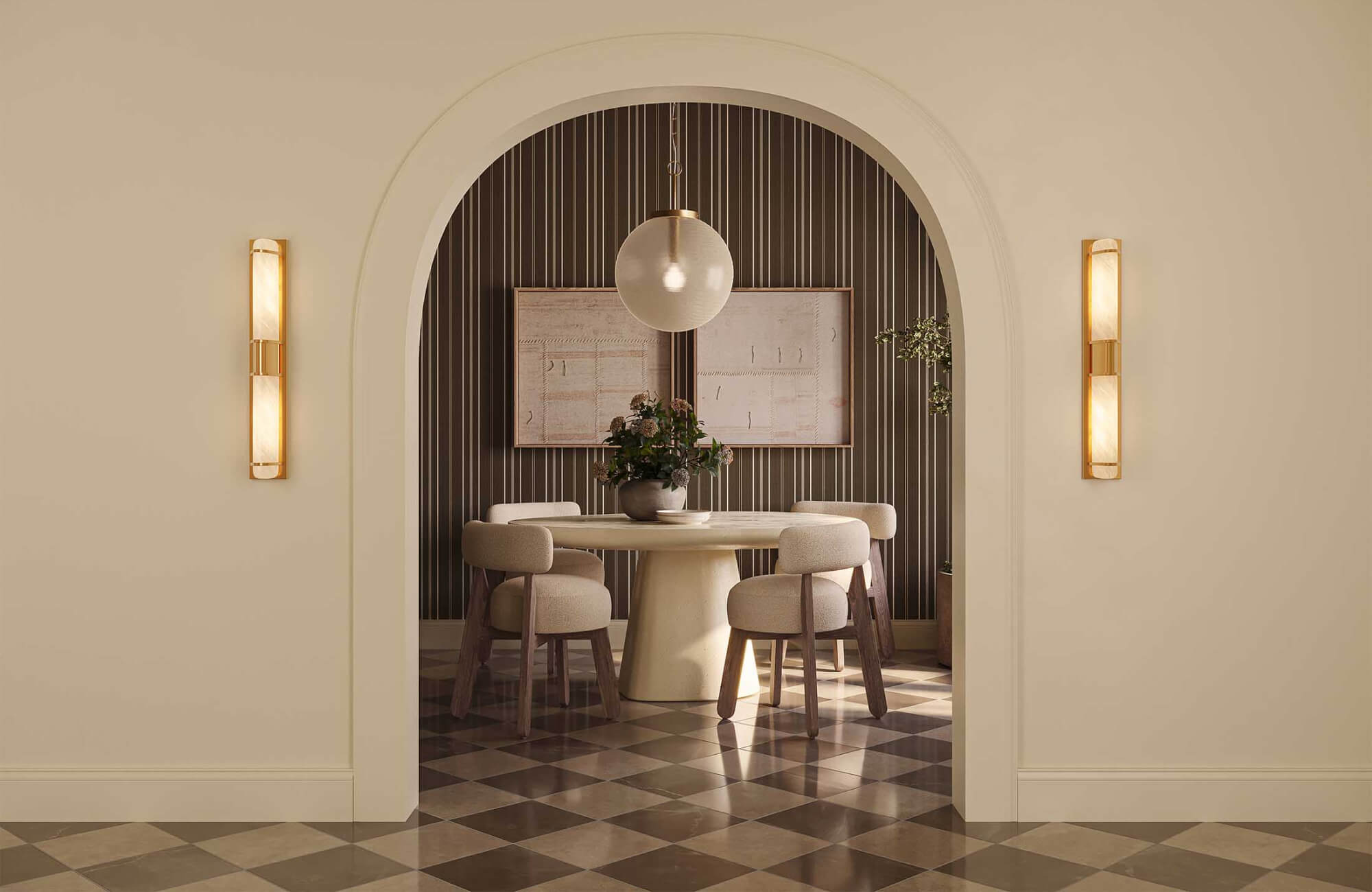 null Arched dining nook with striped wallpaper feature wall, showing how selective placement creates depth without making the room feel smaller
