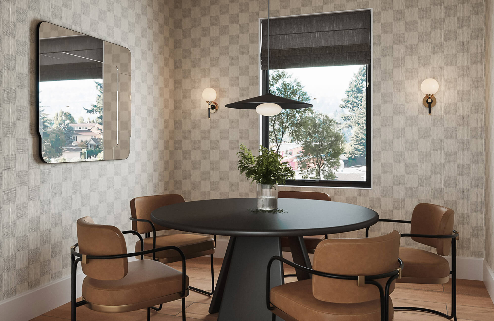 Light checkered wallpaper reflects daylight around the dining nook, helping the walls feel more open and making the room appear larger.