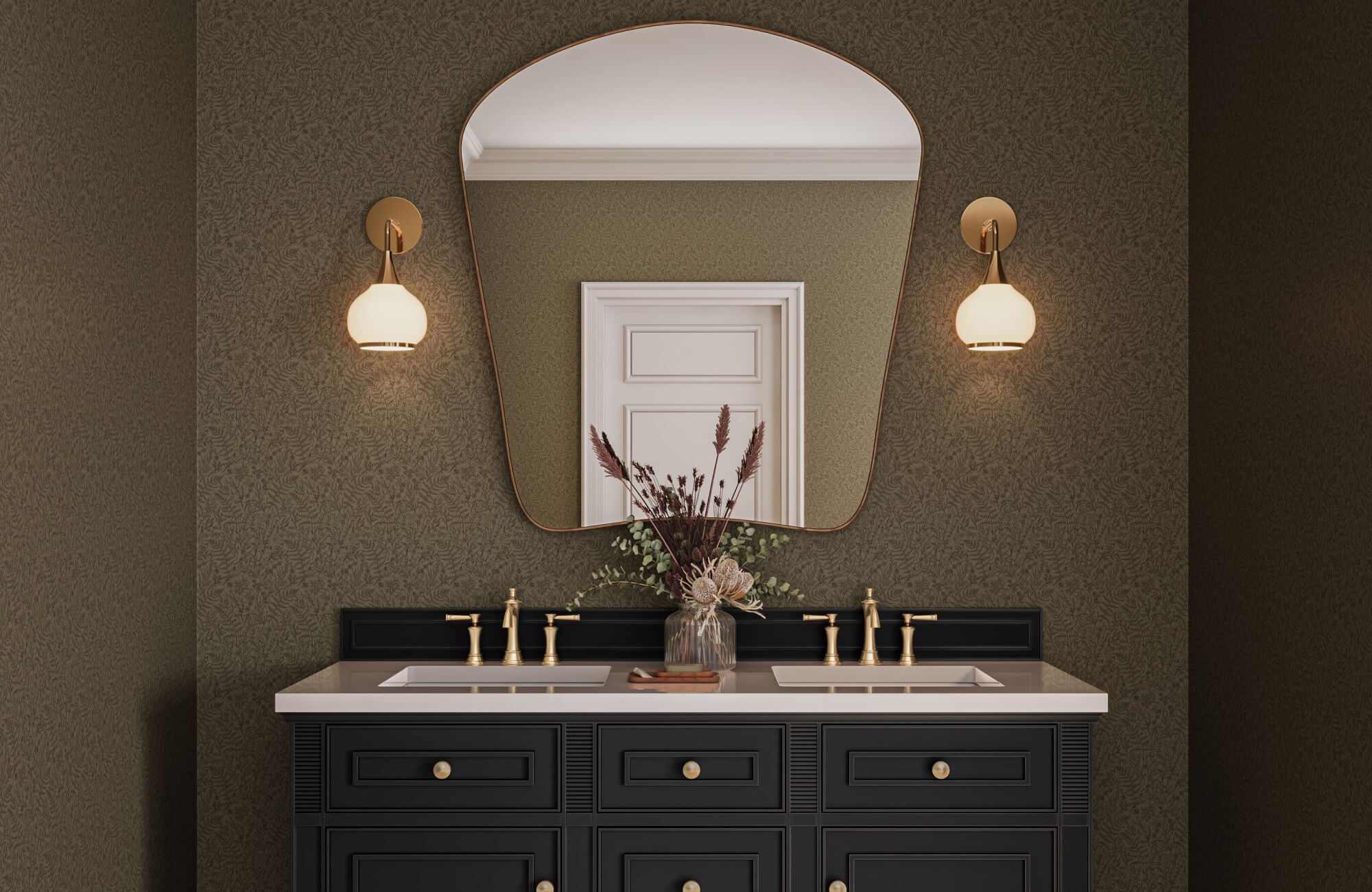 Subtle textured wallpaper adds gentle depth without strong contrast, keeping the bathroom visually calm and the space feeling open.