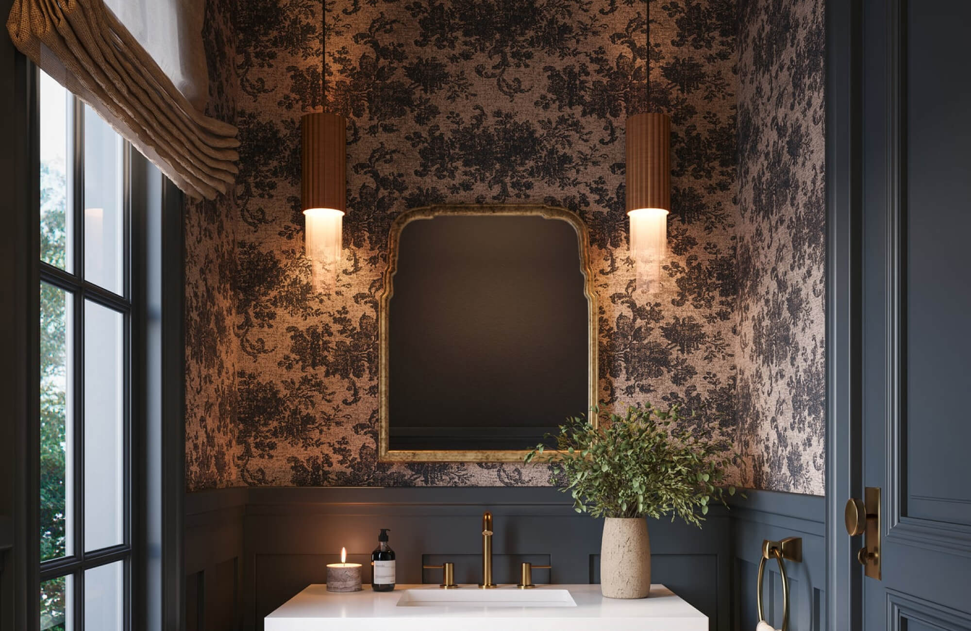 Dark, dense floral wallpaper covers the small powder room walls, creating a strong contrast that can make the space feel more enclosed.