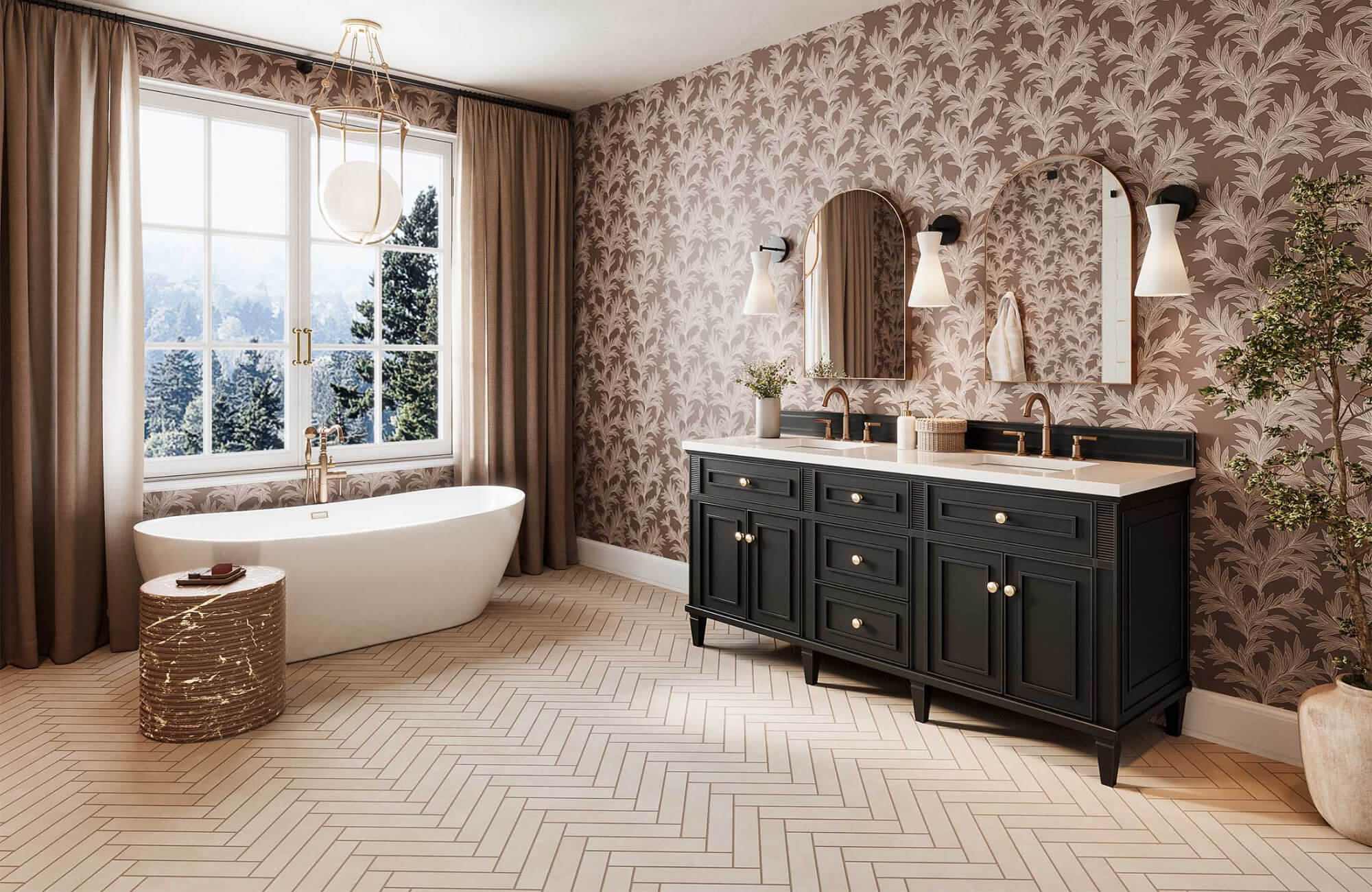 Botanical ceiling wallpaper draws the eye upward, helping the kitchen feel taller and creating a more open sense of space.