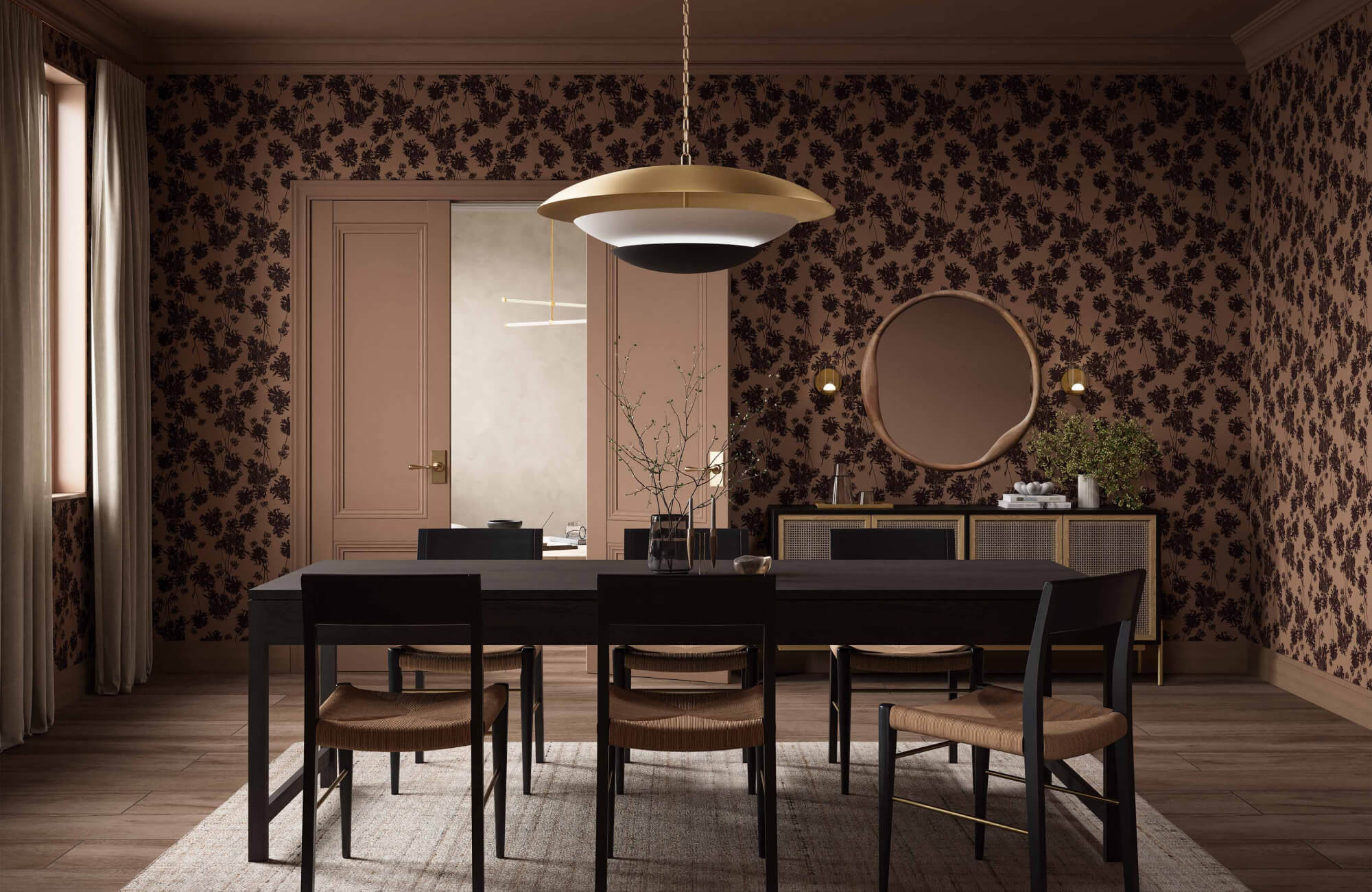 Light-patterned wallpaper with a soft background reflects window light, helping the bathroom feel brighter and more open.