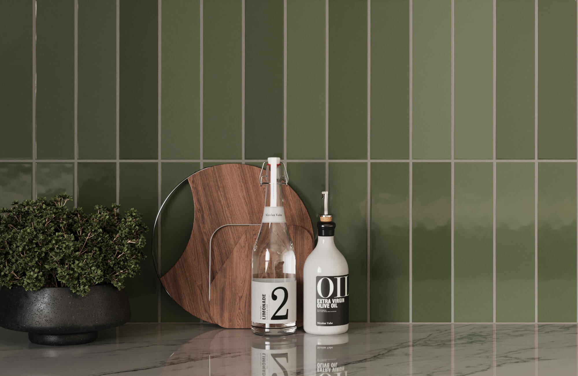 null Stylish green ceramic subway tiles in a modern kitchen, complemented by decorative kitchen accessories on a marble countertop