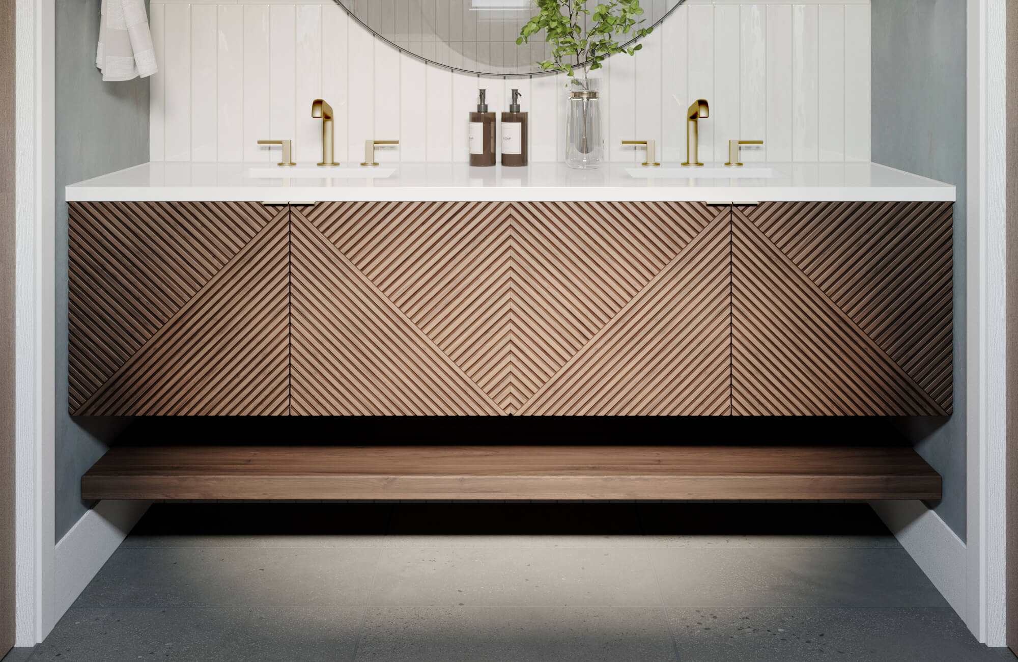 Sleek 70 inch floating double vanity featuring chevron-patterned wood cabinetry, a seamless white countertop with dual sinks, and warm brass fixtures, creating a refined modern statement with architectural texture.