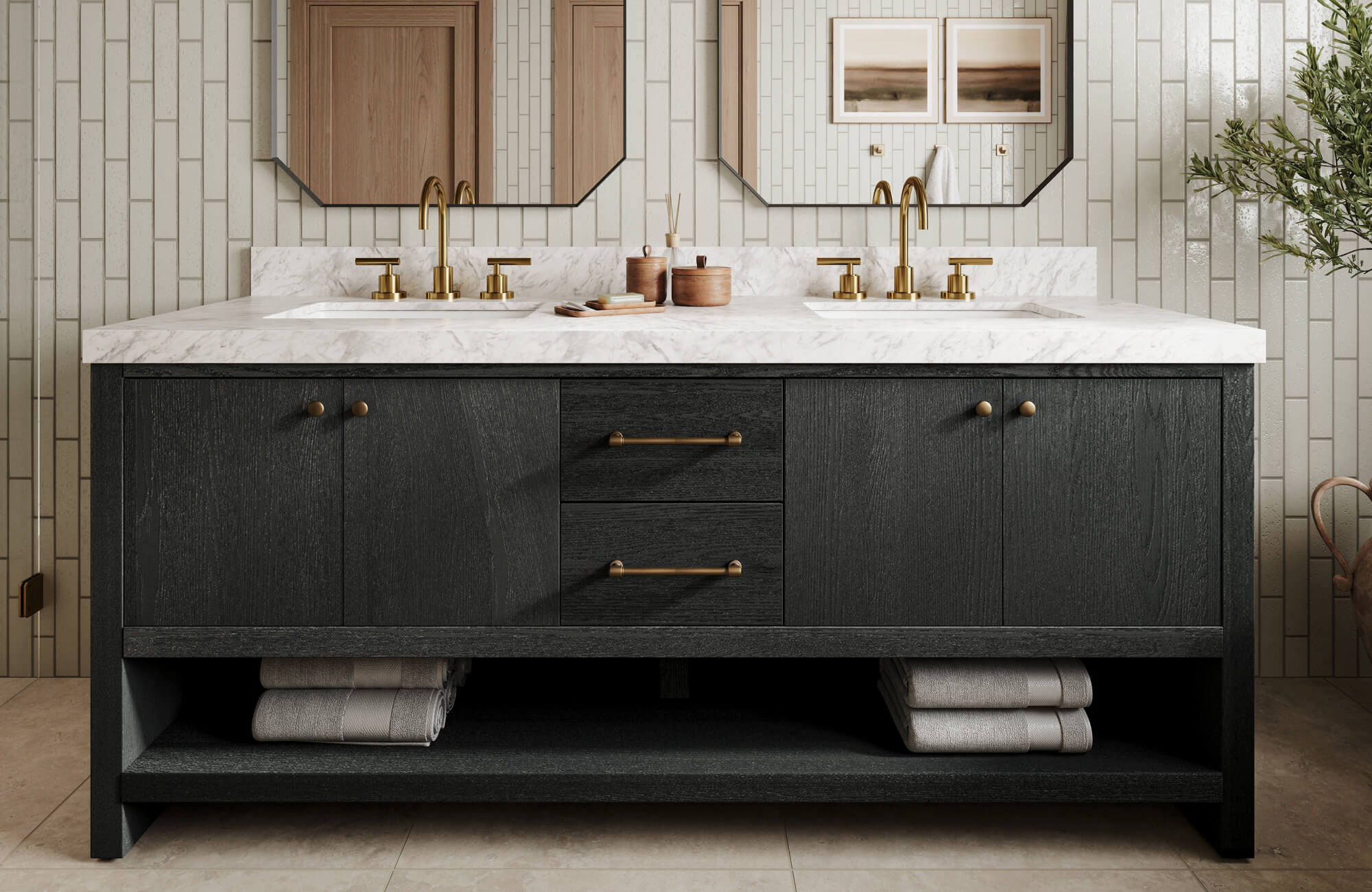 Elegant 70 inch double vanity featuring deep charcoal wood cabinetry, a polished white marble countertop with dual undermount sinks, and brushed brass fixtures, creating a sophisticated contrast against the soft neutral tile backdrop.