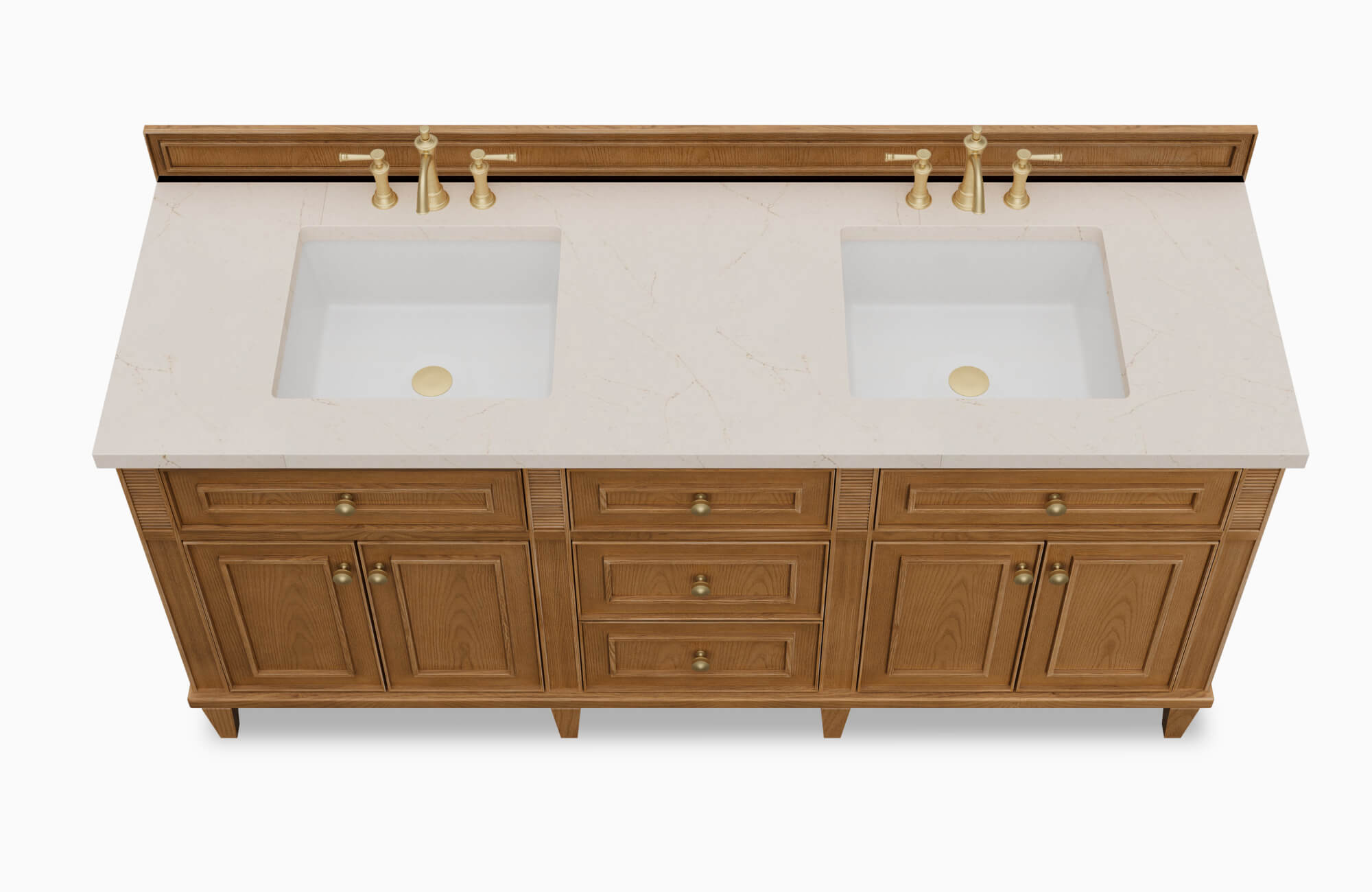 Classic 70 inch double vanity featuring warm oak-finished cabinetry with paneled doors and brass hardware, topped with a light stone countertop and two integrated rectangular sinks for a timeless, functional bathroom centerpiece.