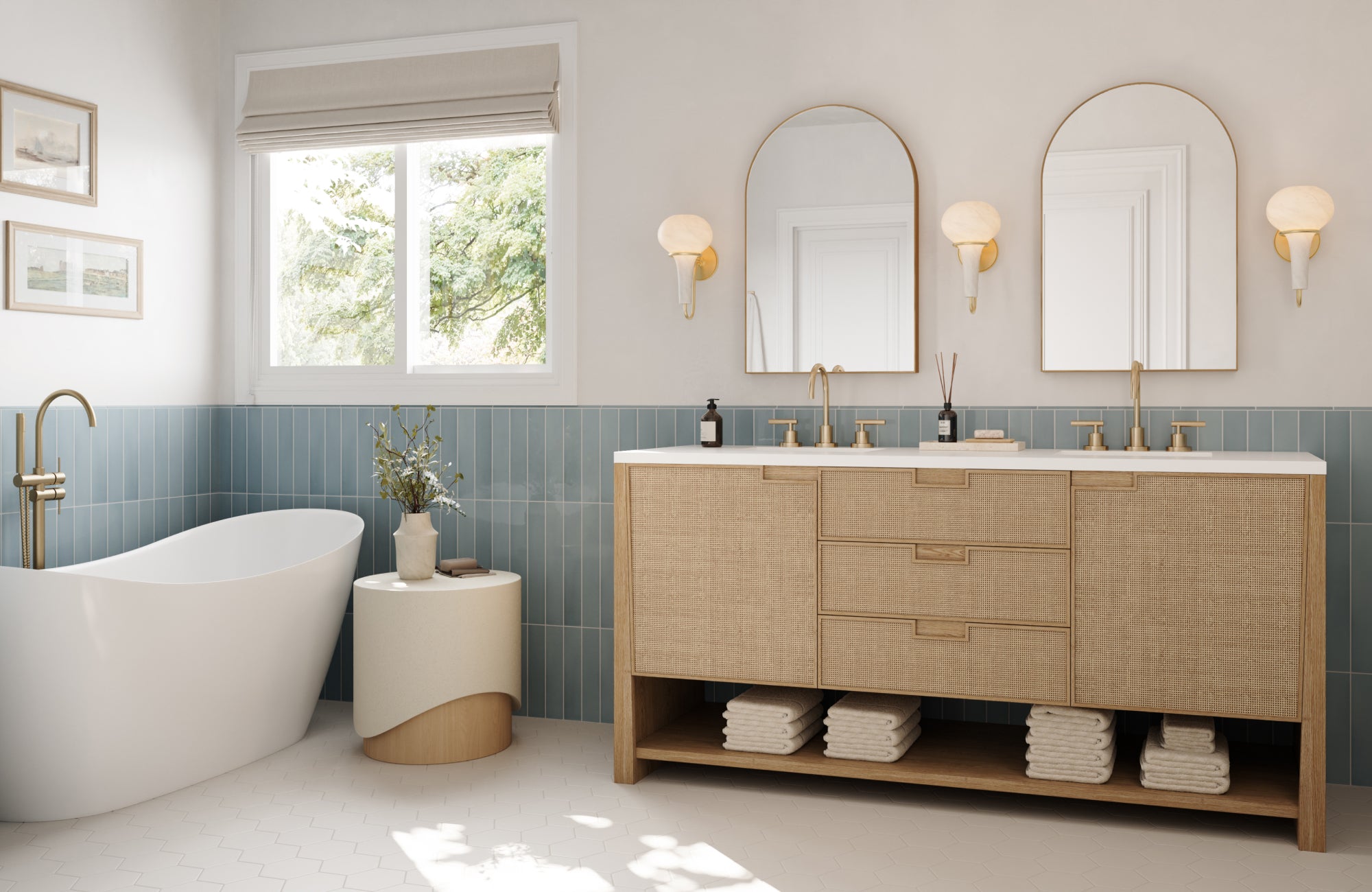 Medium sconces on each side of twin mirrors, sized to suit a wide double vanity without overpowering it.