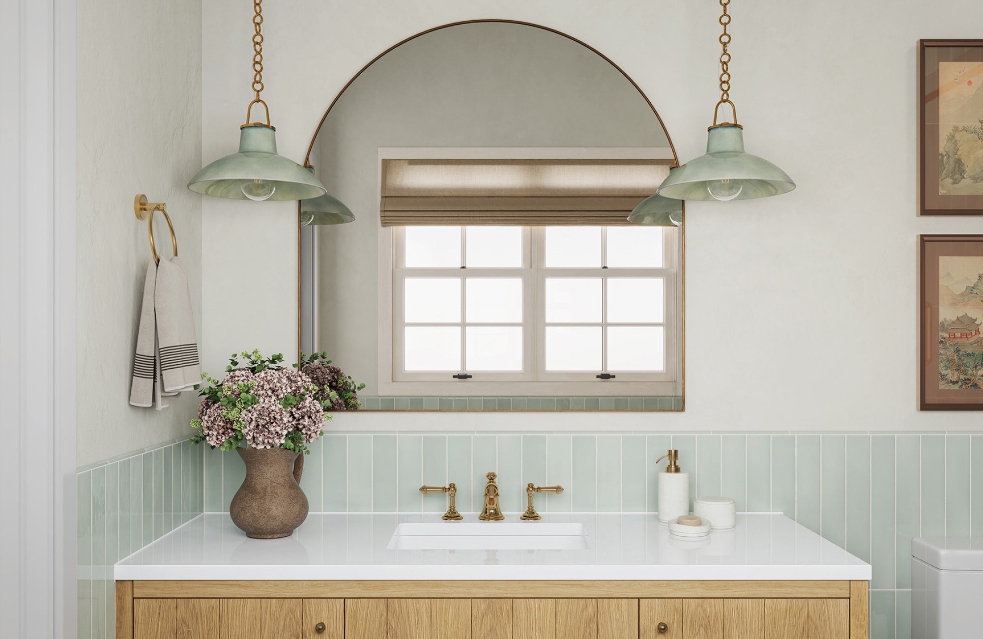 Oversized pendant lights above a single vanity, acting as statement fixtures while covering the width.