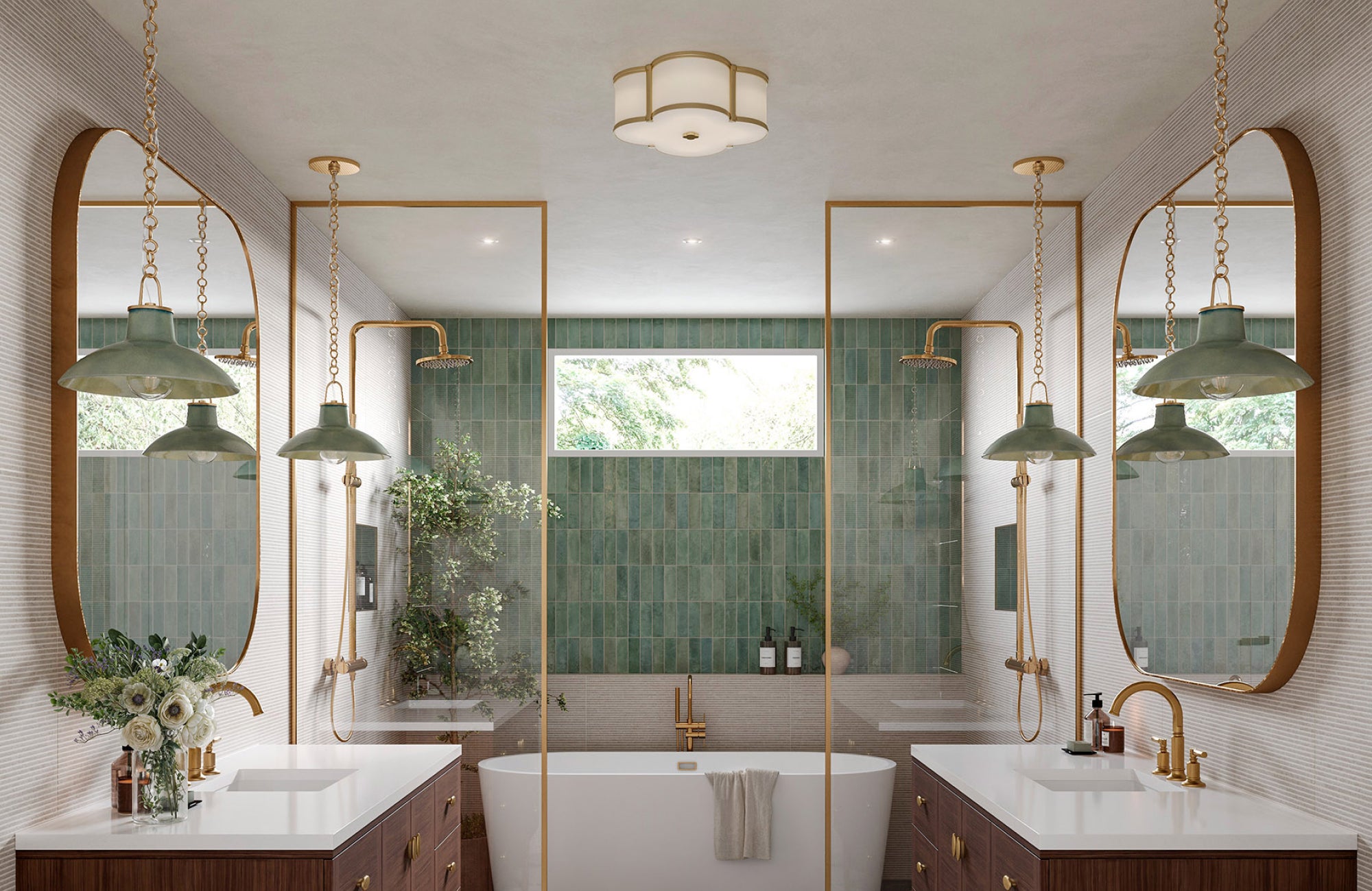 Layered lighting with pendants and a flush mount, scaled to fit a large double vanity and spacious layout.