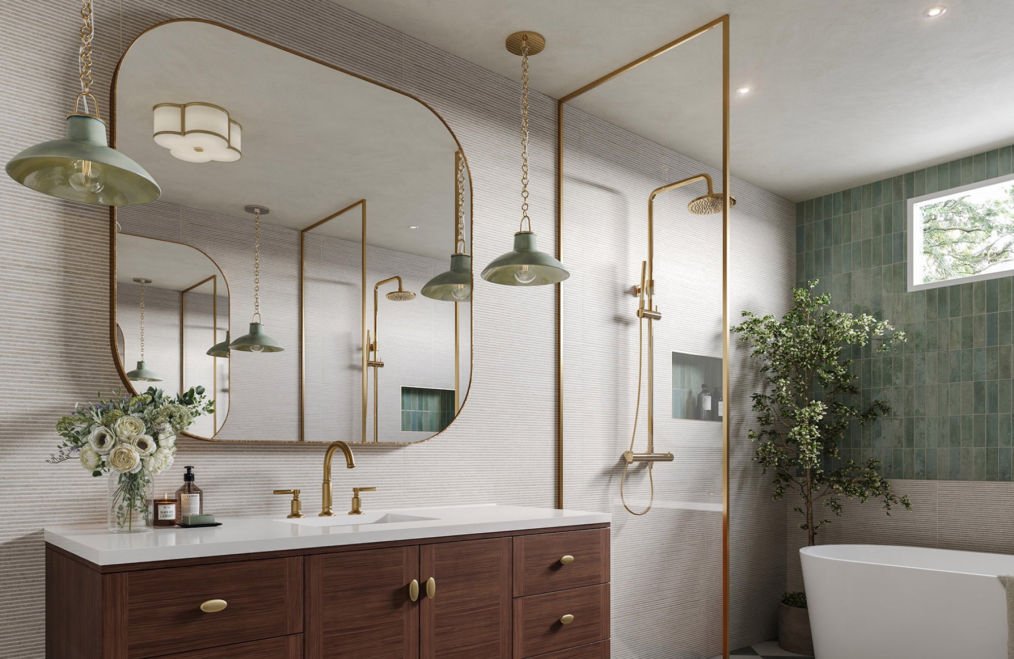 Oversized rectangular mirror with rounded edges above a 60-inch vanity, paired with pendant lights for even illumination.