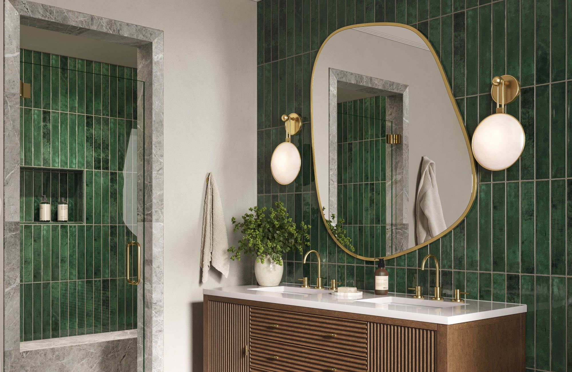 Asymmetrical mirror above a 60-inch double vanity, flanked by round globe sconces for a bold, modern bathroom statement.