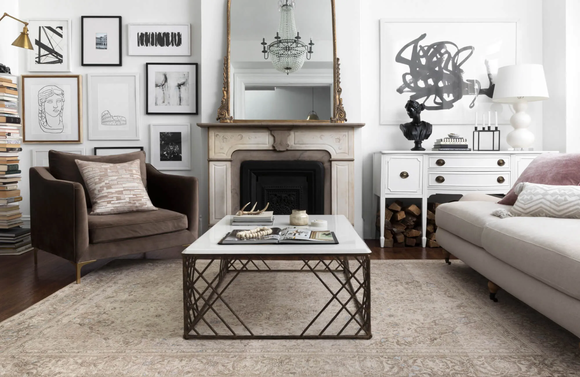 Medium square pillow on accent chair fits the seat proportion well, adding comfort without overwhelming the compact seating area.