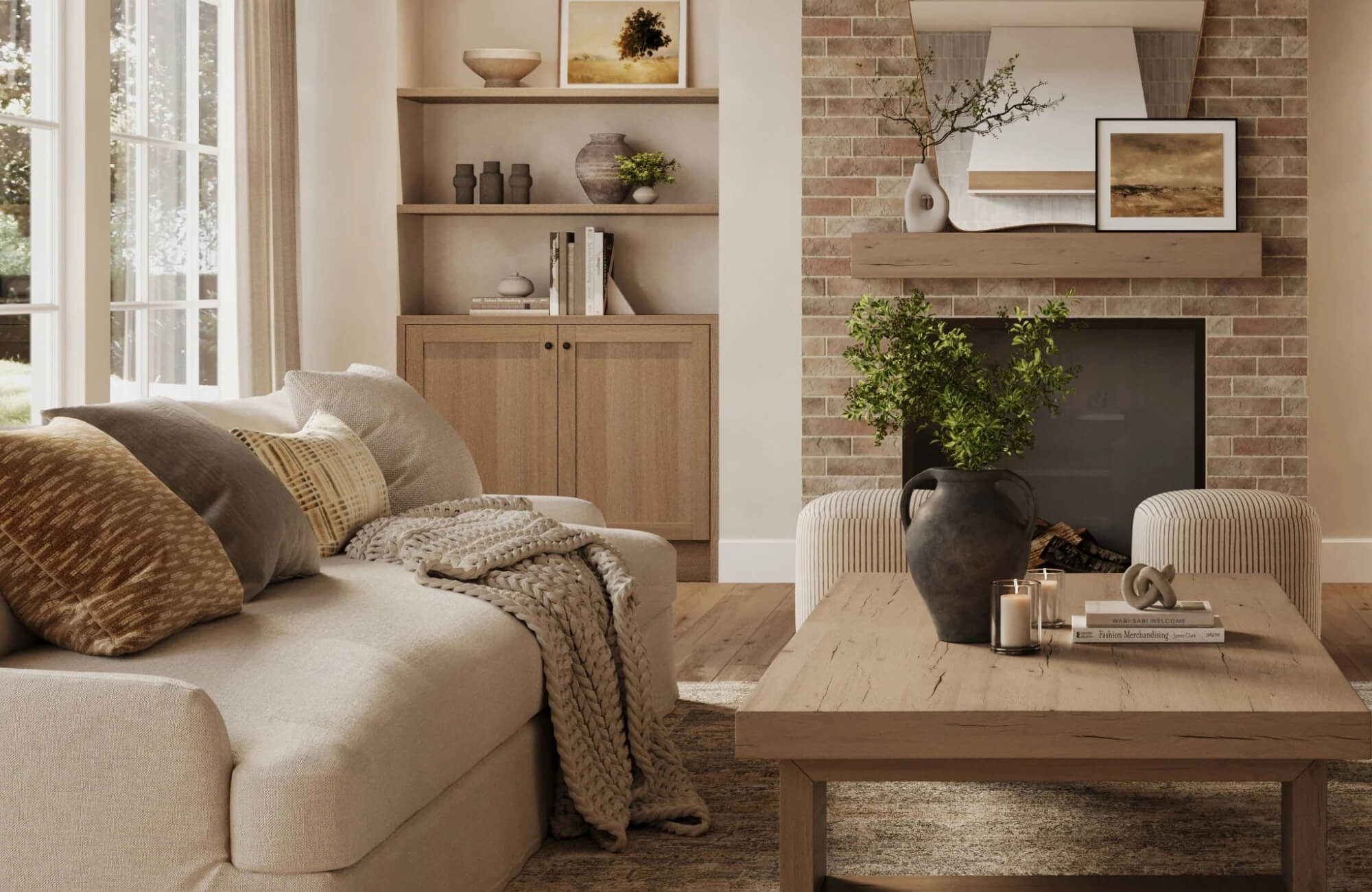 null Layered sofa pillows in varied medium sizes create depth while staying proportional to the sofa’s wide seating area.