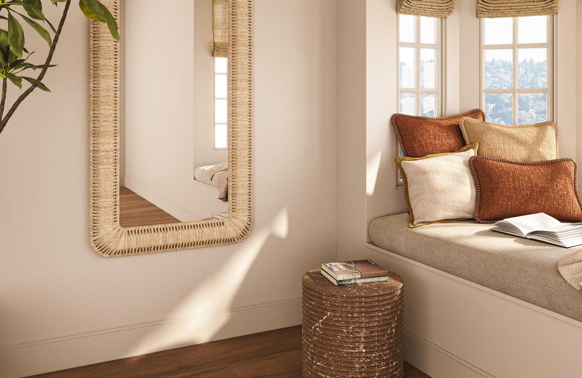 null Layered square and rectangular pillows in varied sizes create depth while fitting comfortably within the compact window seat.