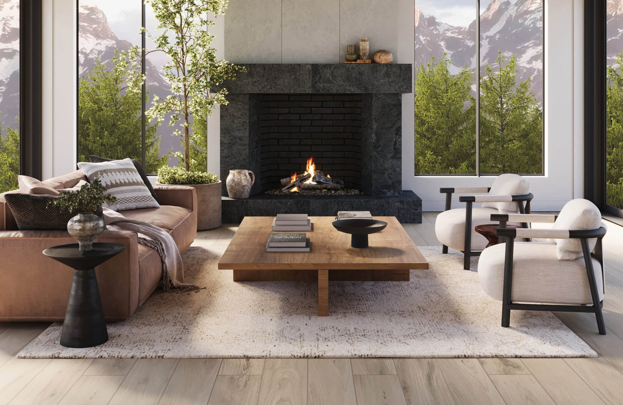 null Mixed pillow sizes on the sofa create visual depth while staying proportional to the wide seating area in the living room.