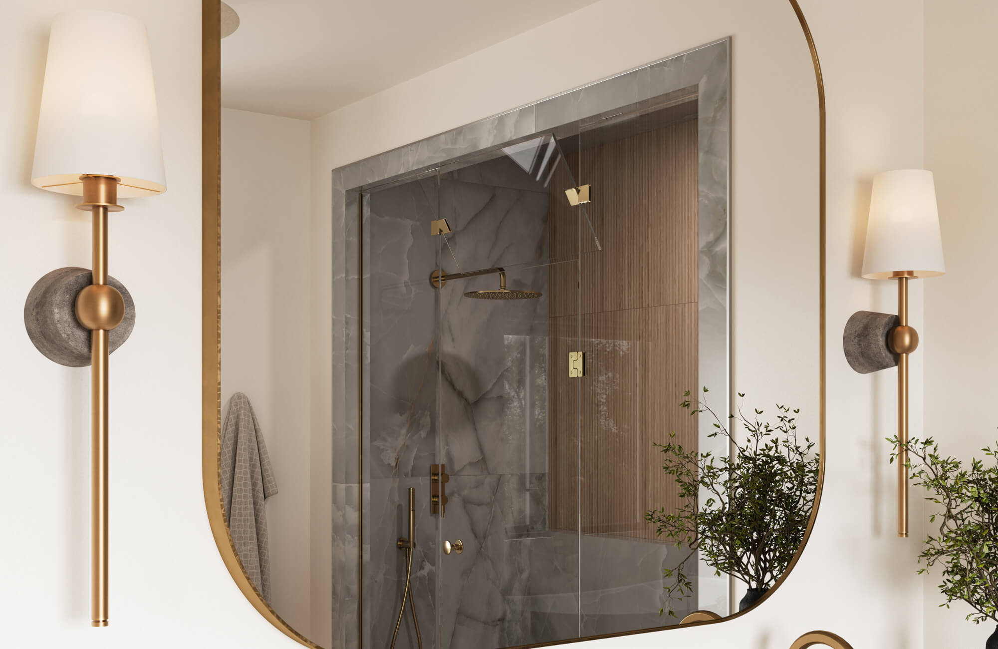 null Modern bathroom with gold accents, wall sconces beside a mirror, and a marble shower enclosure featuring glass and wood details.
