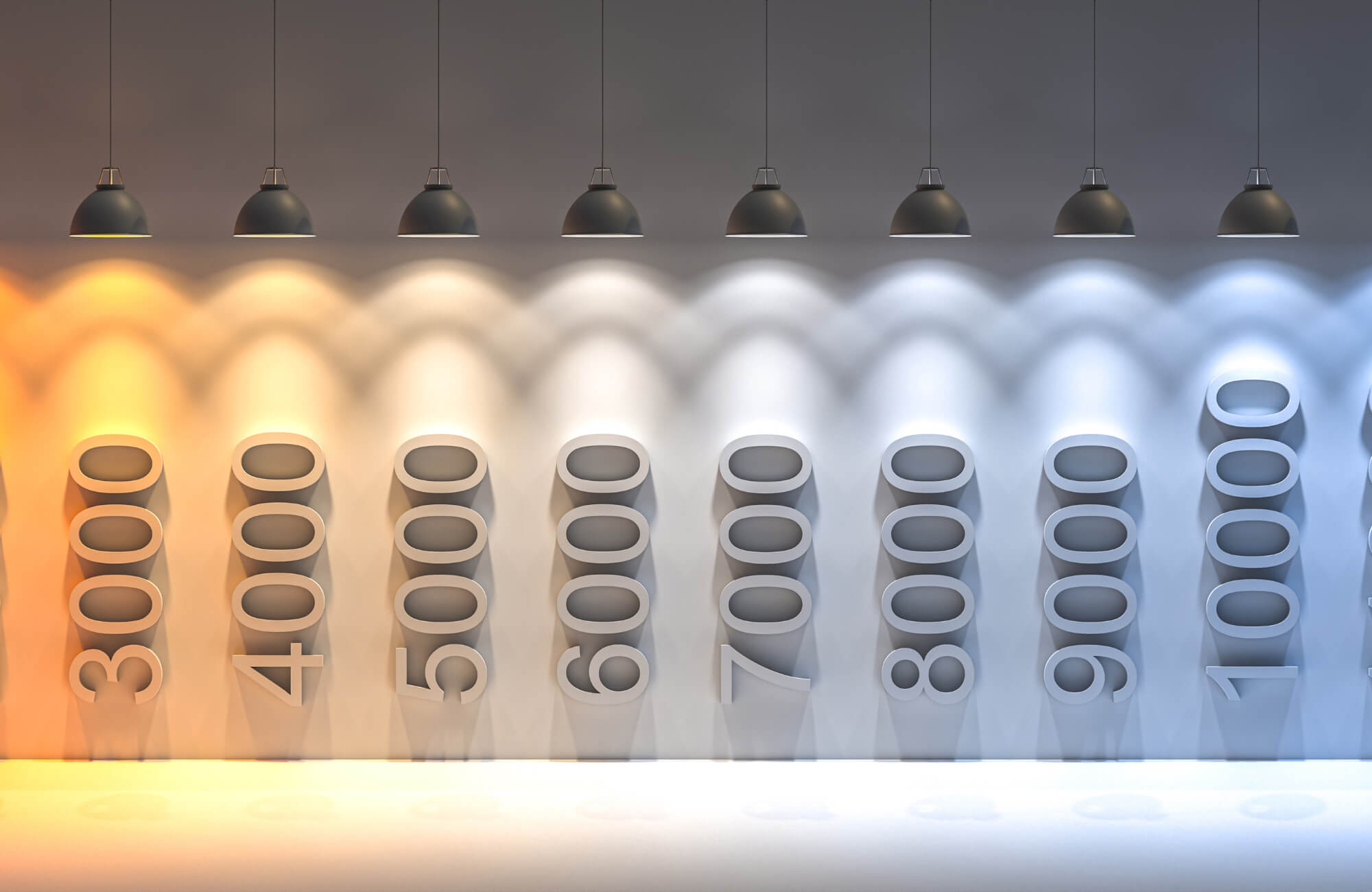 null Row of pendant lights showing color temperatures from warm 3000K to cool 9000K, illustrating differences in Kelvin light tones.