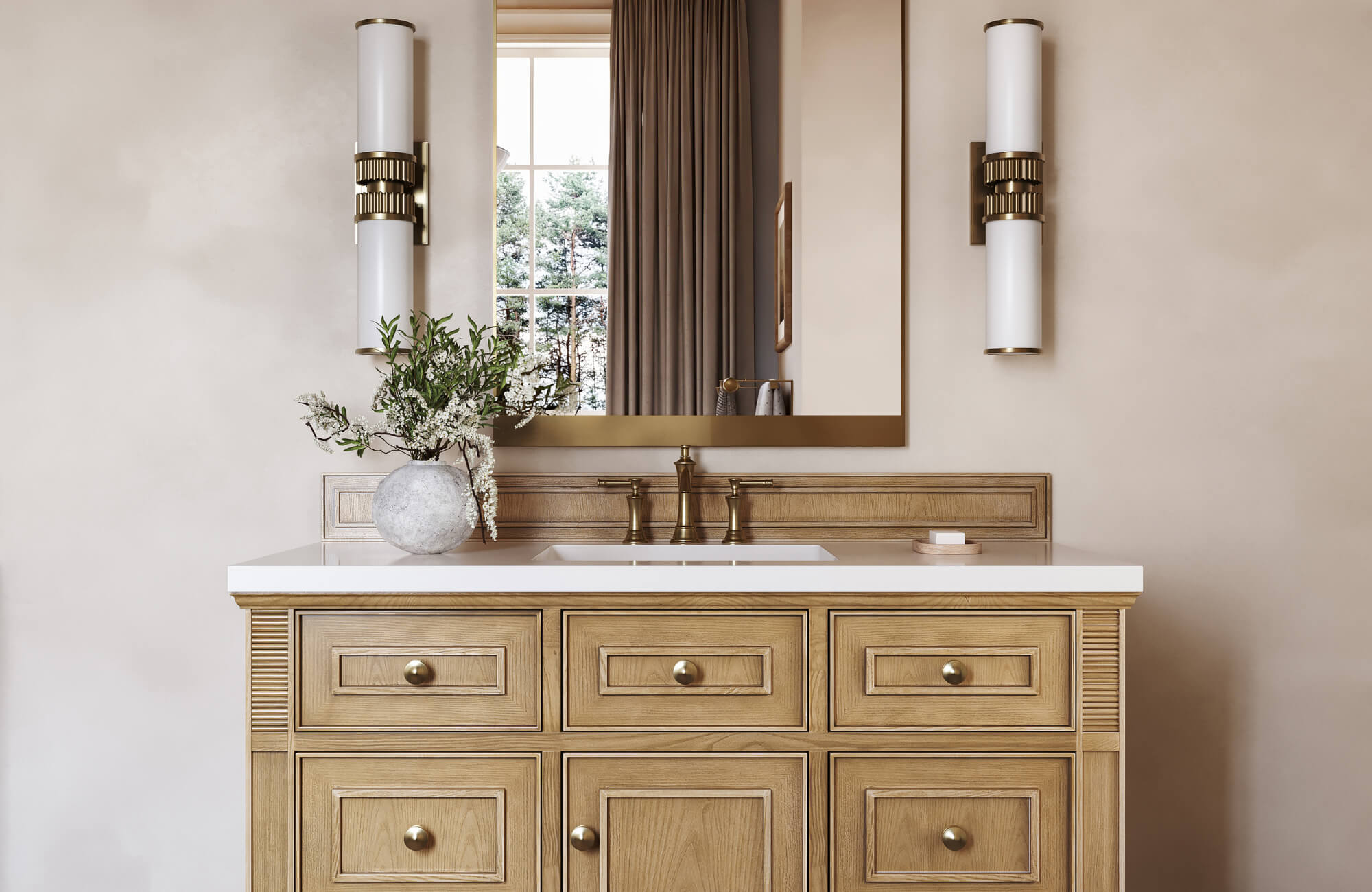 null Elegant bathroom vanity with wood cabinetry, gold fixtures, and vertical frosted sconces beside a large framed mirror.