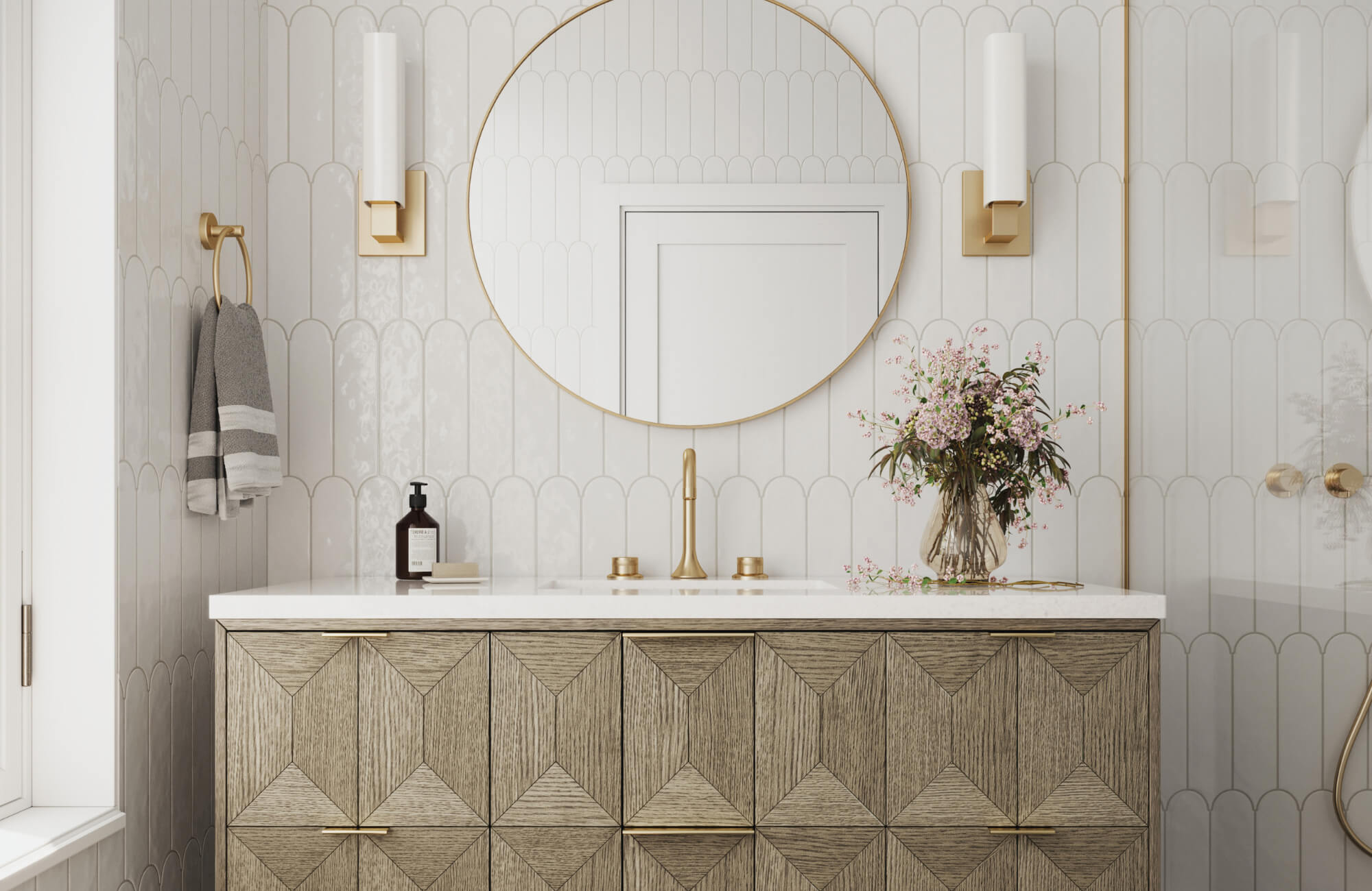null Stylish bathroom vanity with geometric wood cabinetry, round mirror, gold fixtures, and vertical sconces on tiled walls.